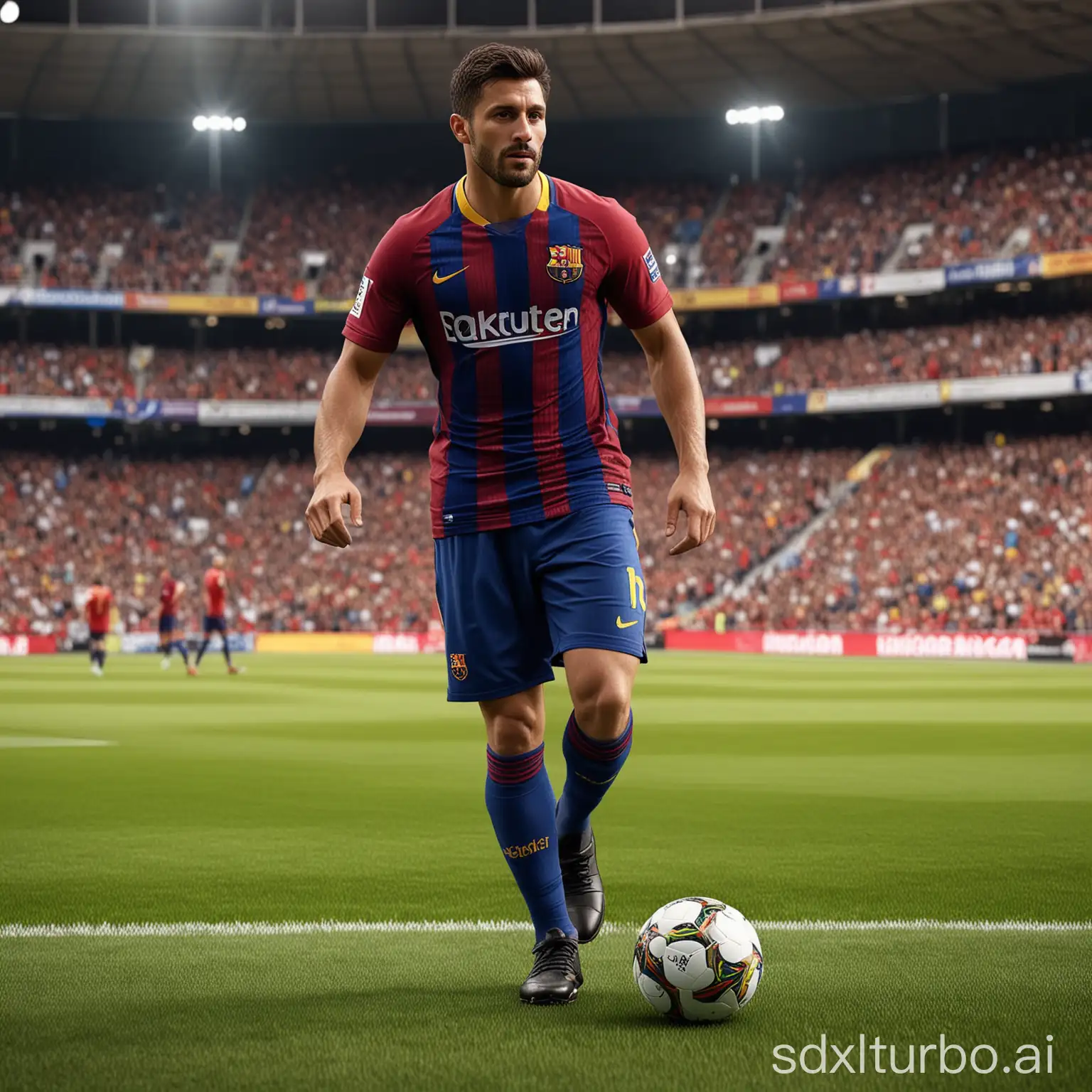 Realistic 4D of 30 - year-old Italian man, brown skin, wearing "FC Barcelona" Jersey, short Hair, black shocks, adidas football boots, holding ball, football stadium background, 8k resolution, oil painting