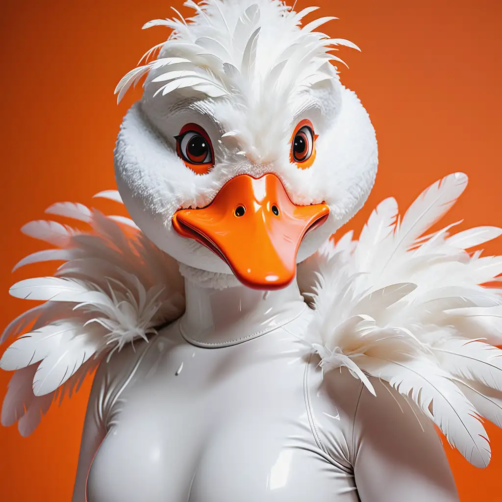 Latex-Girl-Furry-Duck-in-White-Latex-Suit-with-Orange-Rubber-Beak