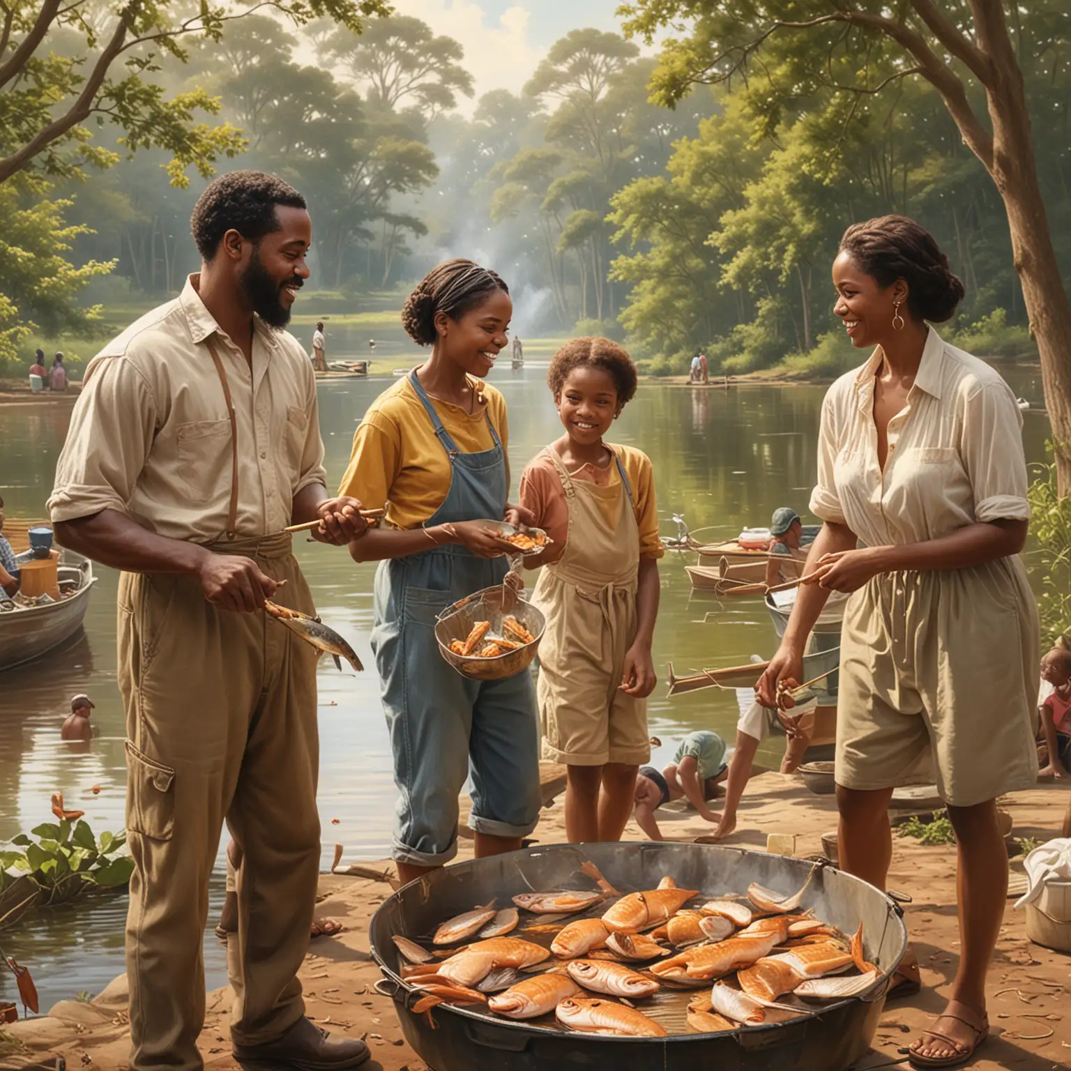 paint a picture of a southern style African American family having an outdoor fish fry, Show 2 people fishing in the background
