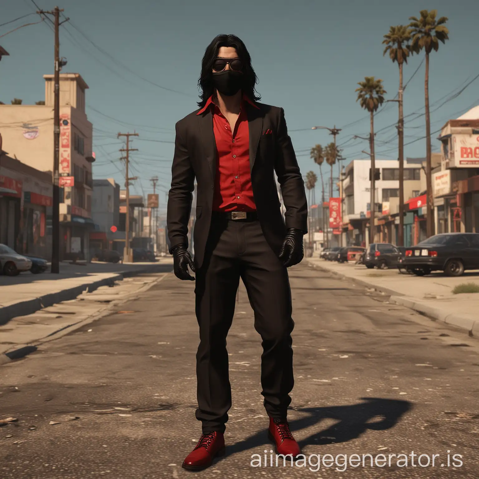 Make me a film post of one guy with red shirt and black suit and red pants, and black shoes, with long black hair and wearing a black mask covering his mouth and wearing sun glasses, and black gloves also, and put Vollmond’s title on the top of this post in gta style