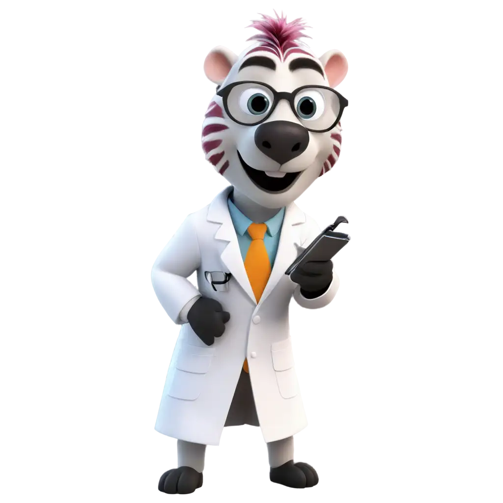 cartoon pink zebra wearing white lab coat holding a stethescope