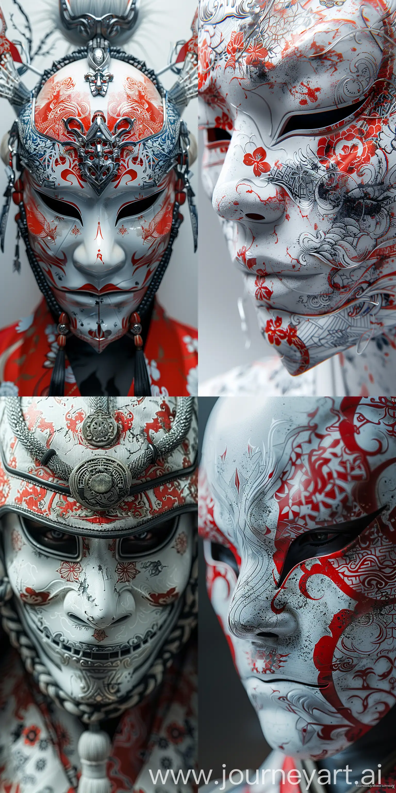 A photo closeup of a mask with white and red patterns on it featuring an samurai-style character design, pure white background to create a detailed portrait, taken by DSLR, featuring ultrahigh definition images, ultrarealistic photos, high resolution, and high detail --ar 1:2 --stylize 750