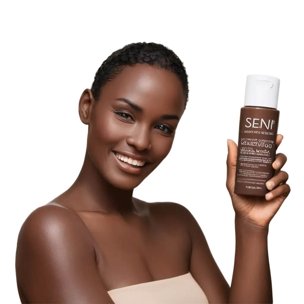 A chocolatey color women showing the skin care products