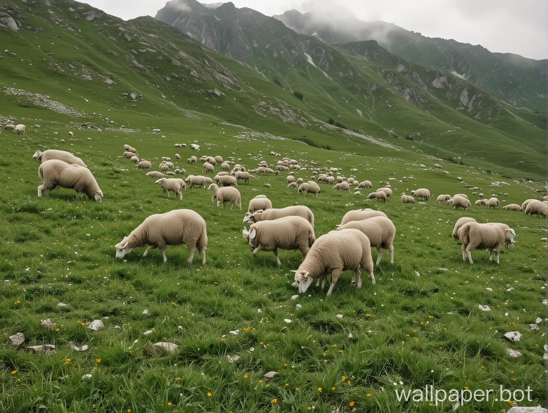 Mountain-View-with-Grazing-Sheep-on-Green-Meadow