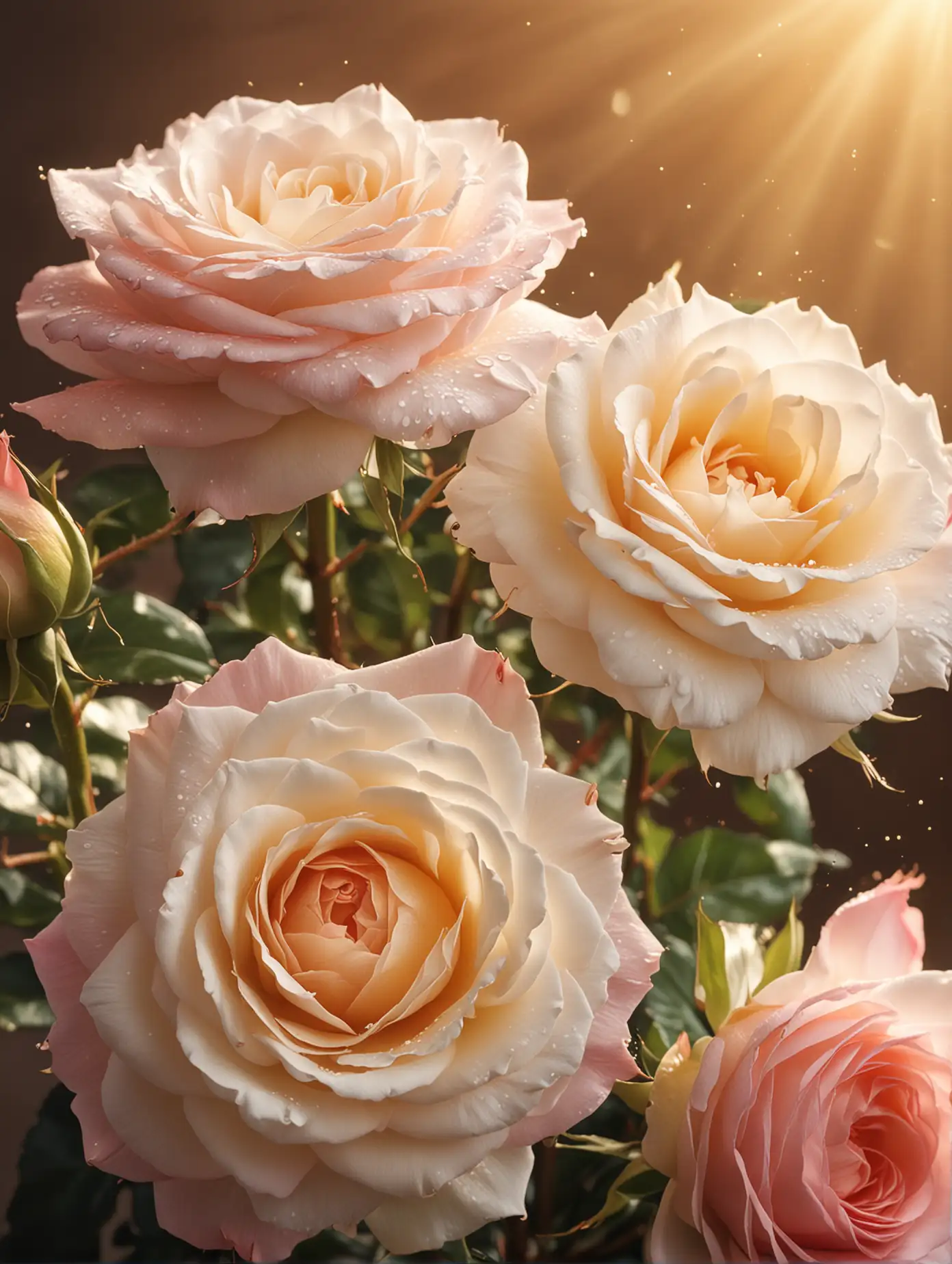 create an image that depicts large fresh pink and white roses with golden light effects 