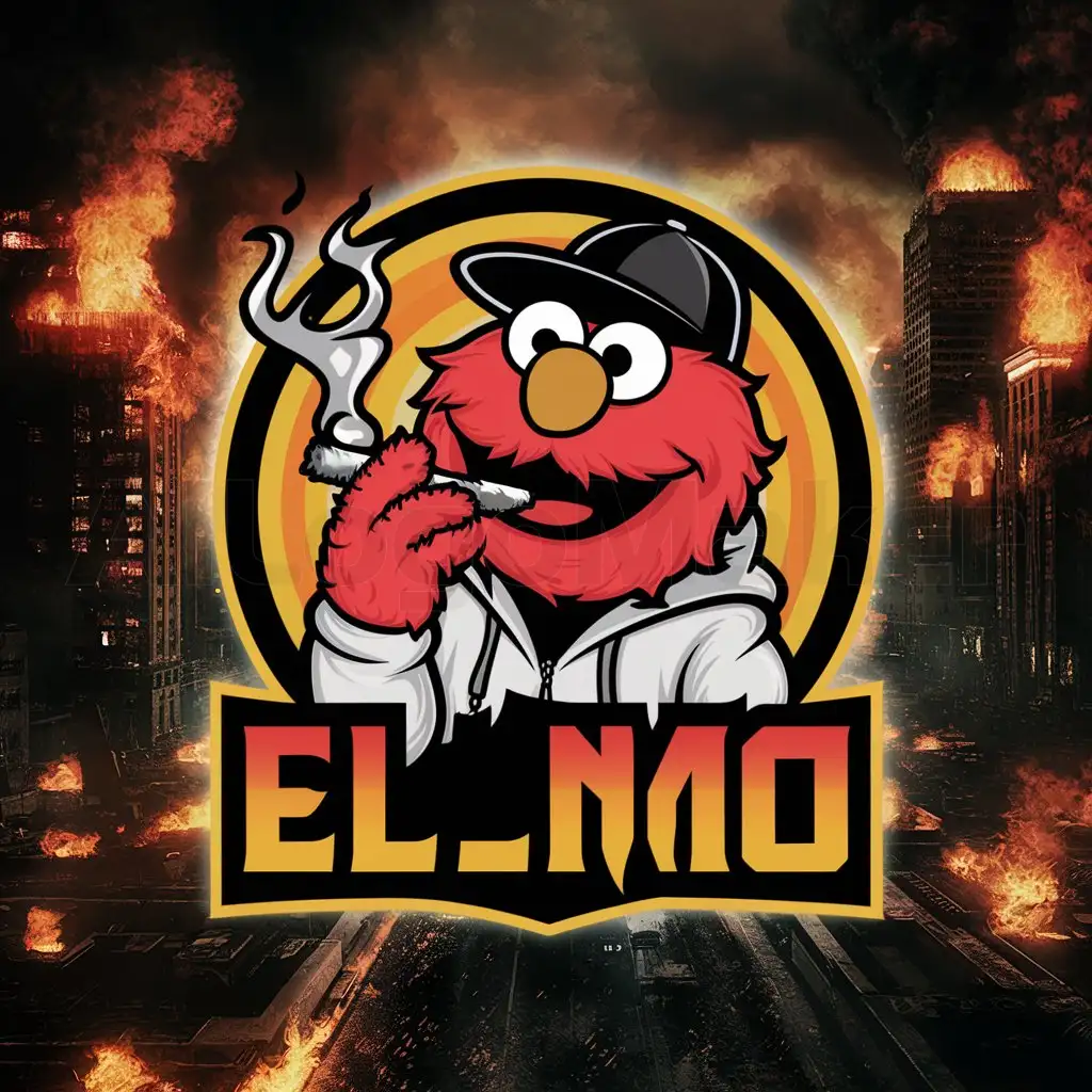 a logo design,with the text "BLUE Elmo from muppets smokong a joint while wearing a WHITE hoodie and a baseball black hat. All around is fires there is  city", main symbol:BLUE Elmo from muppets smokong a joint while wearing a WHITE hoodie and a baseball black hat. All around is fires there is  city,Moderate,be used in Internet industry,clear background