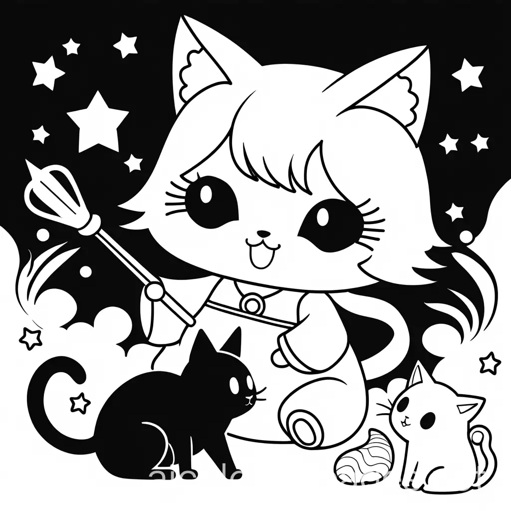 Kuromi playing with a unicorn and cats, Coloring Page, black and white, line art, white background, Simplicity, Ample White Space. The background of the coloring page is plain white to make it easy for young children to color within the lines. The outlines of all the subjects are easy to distinguish, making it simple for kids to color without too much difficulty