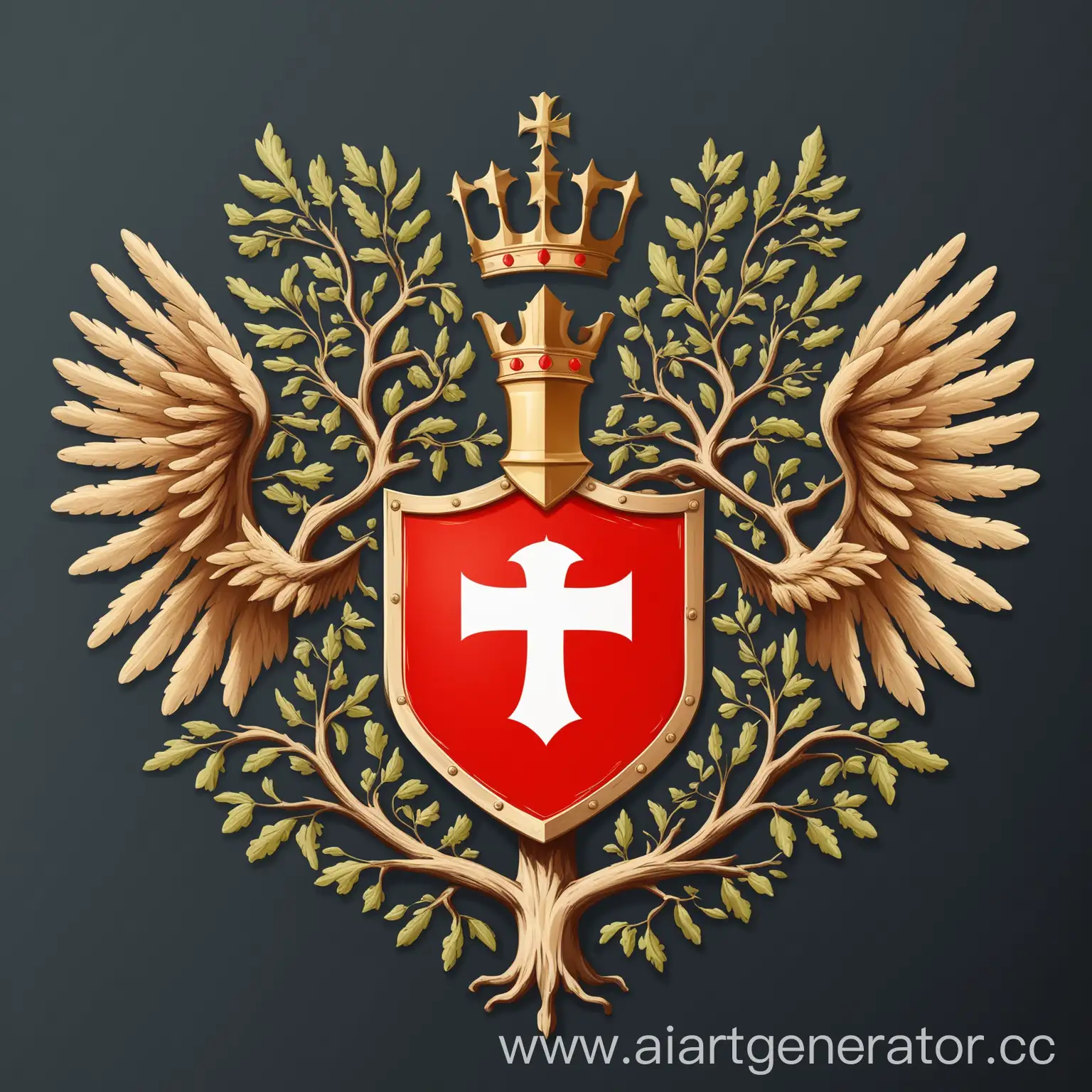 Герб на щите форы швейцарской геральдики,  по центру щита  дерево , по углам 
щита крылья, Стиль: минимализм