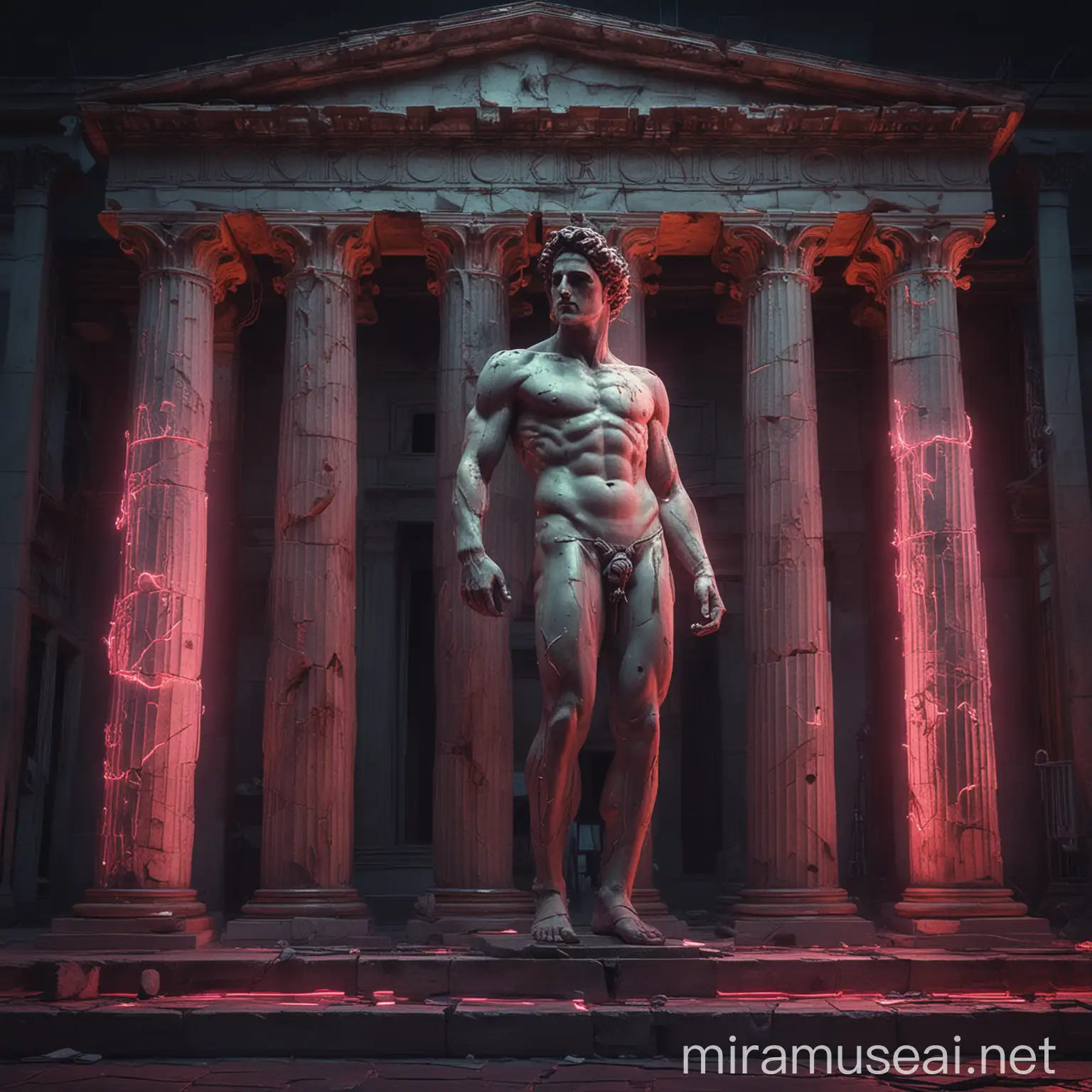 Create a sculpture of a Greek god, surrounded by Roman columns illuminated with vibrant neon colors creating a hypnotizing and avant-garde fusion between the past and the present.

The background must be a classic building from Greco-Roman culture and be bathed in neon lights in the Cyperpunk style.

Surrealist and cinematic visual trends.