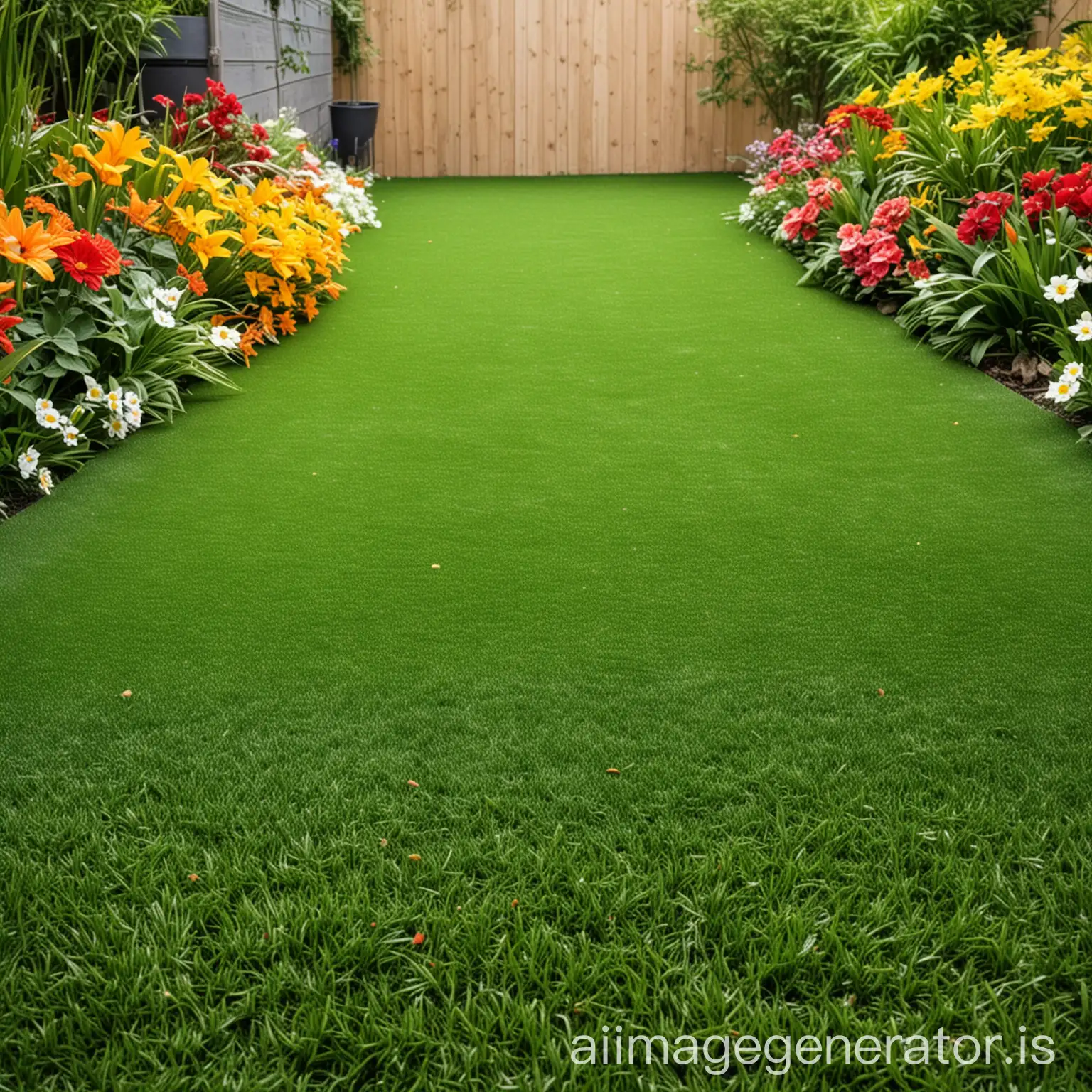 home with  artificial grass and some a tiny amount of flowers in the backyard  Copy space image Place a significant amount of space for adding text or design