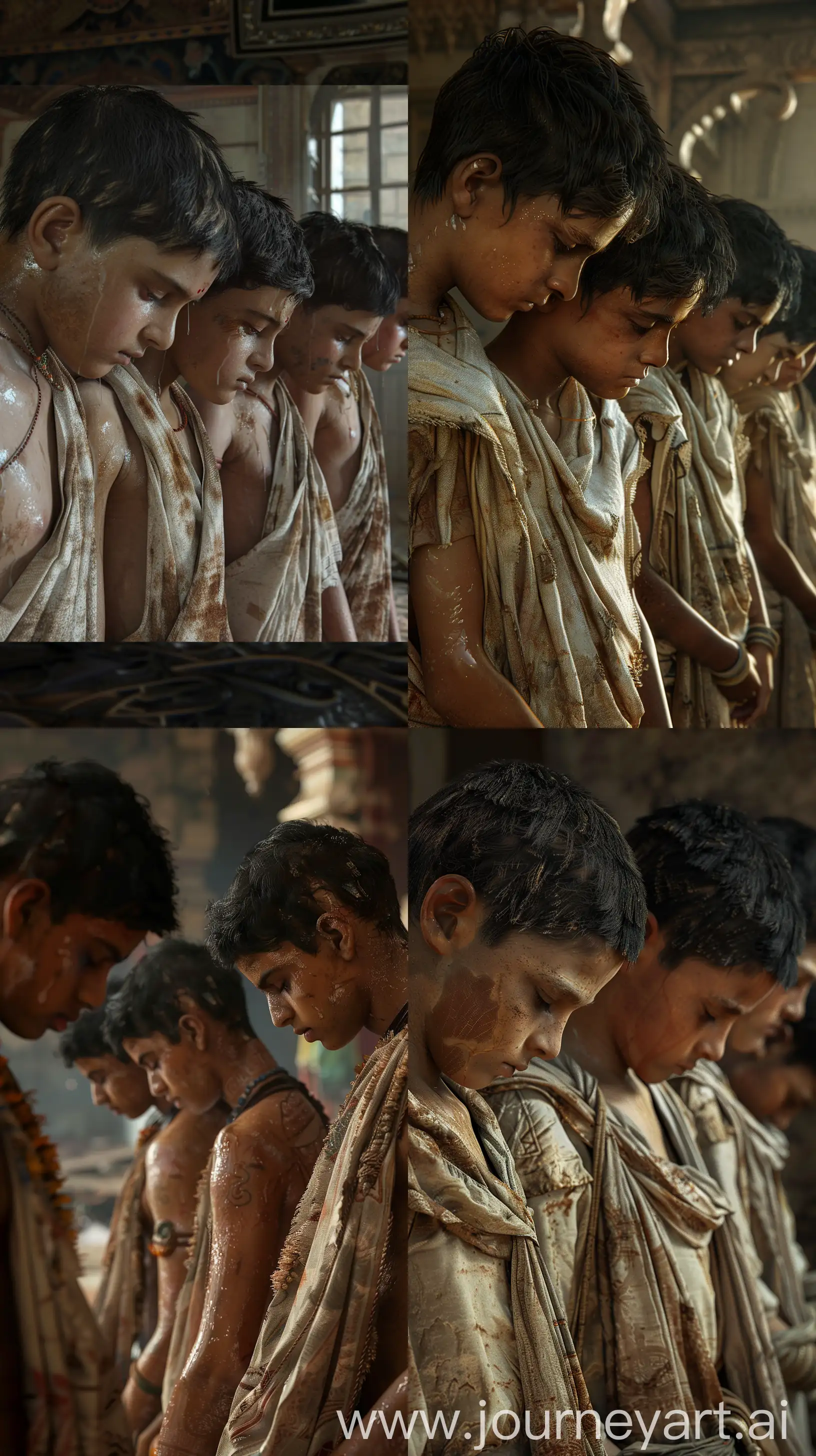 Hyper realistic image of 4 Indian boys from ancient times, in simple shabby clothes, around the age of 15, all standing with their heads bowed down, indoors, close-up image, intricate details, 8k --s 200 --ar 9:16 --v 6