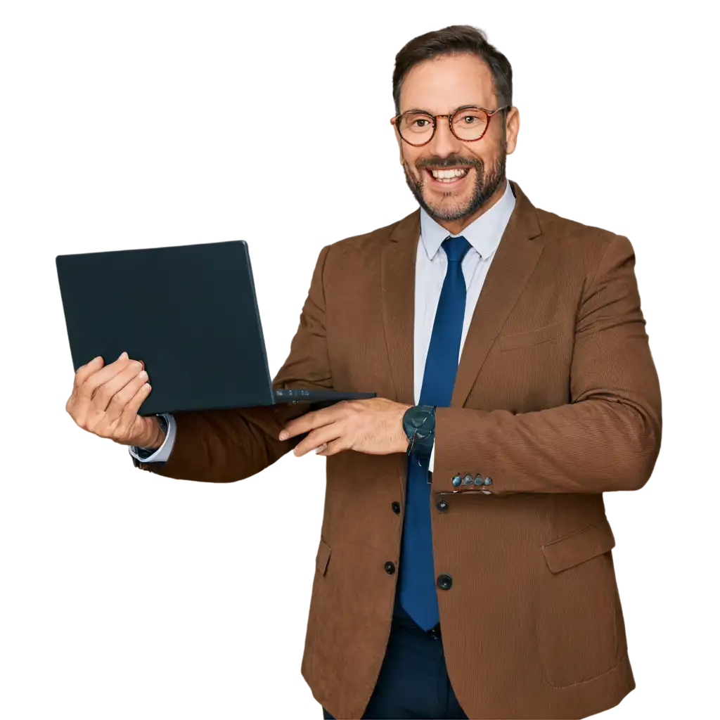 happy boss with black computer