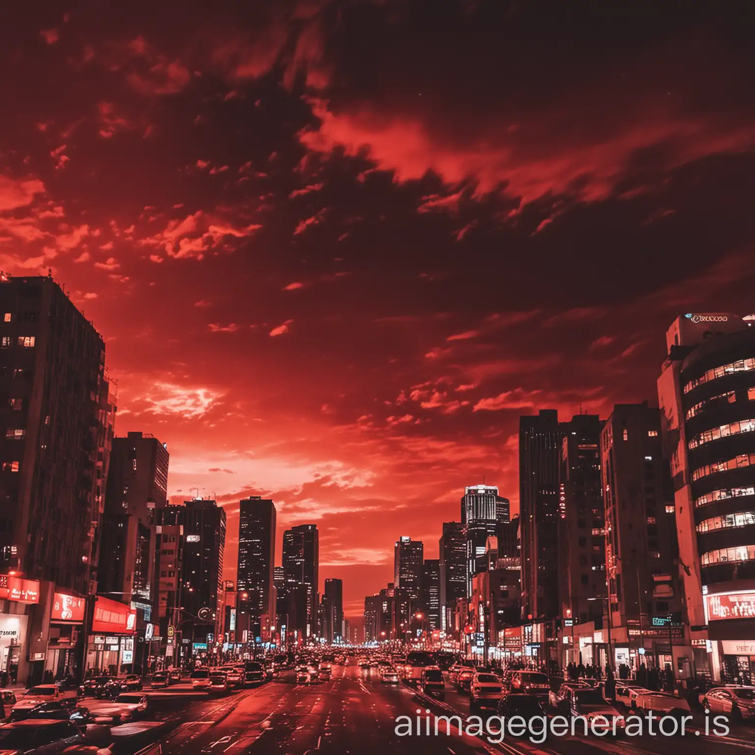 Vibrant-Urban-Sunset-Red-Sky-in-Night-Cityscape
