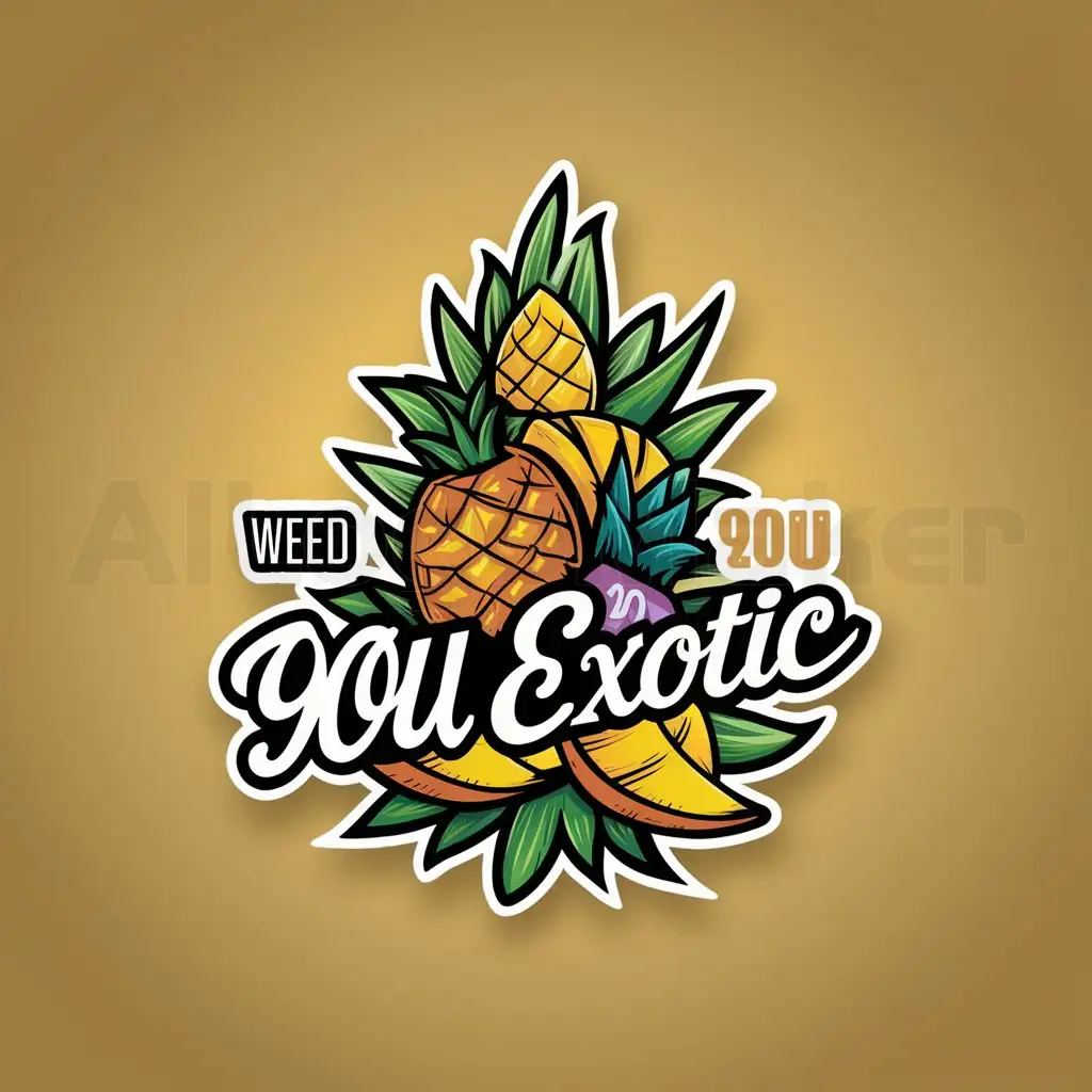 a logo design,with the text "Weed", main symbol:bud of weed with pineapple and mango, writed ‘90U Exotic’ in logo, colours of summer,Moderate,clear background