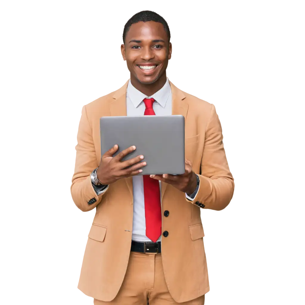 smiling african business 
man torso, holding computer
