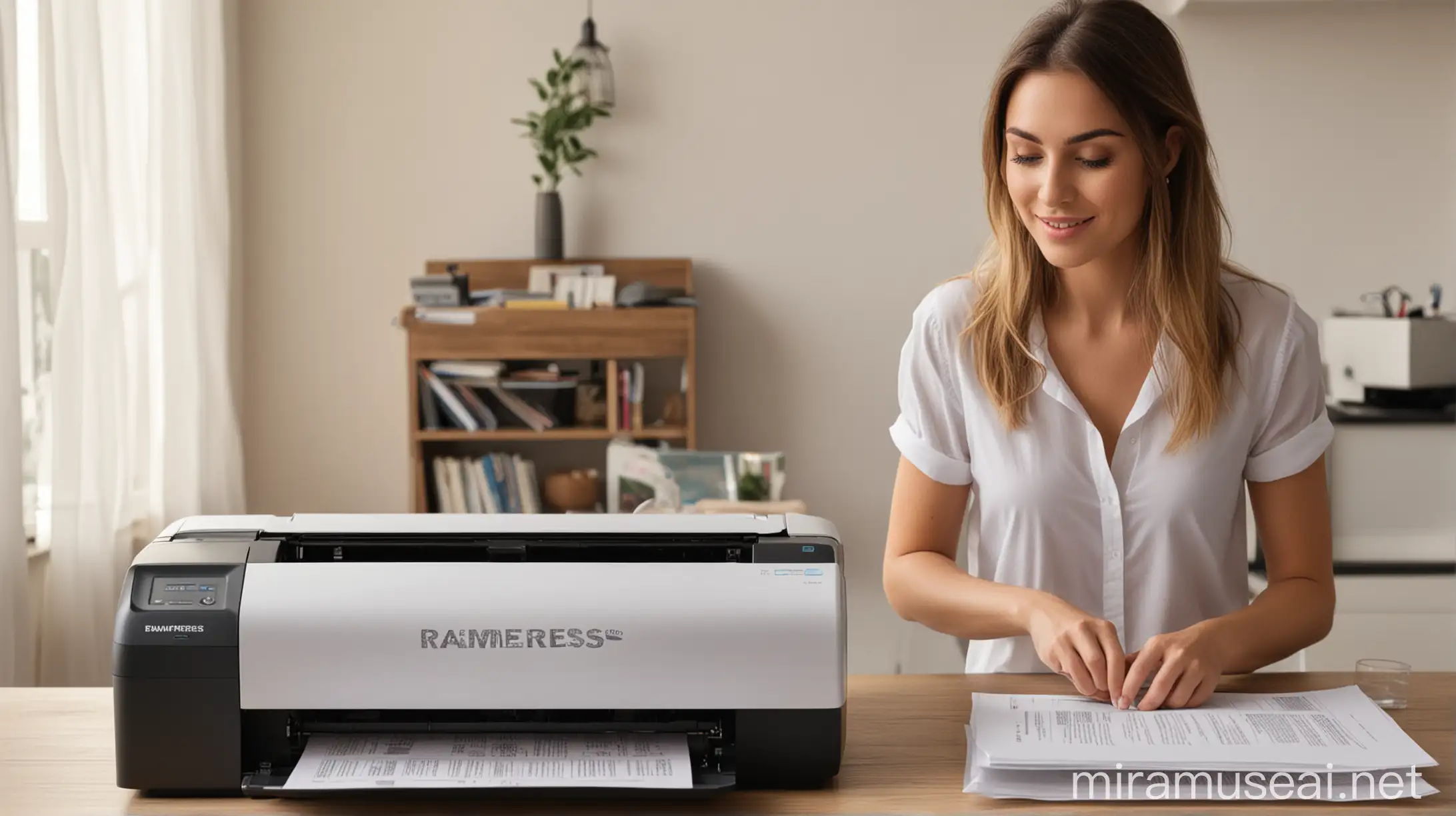 a picture of a beautiful woman using a wireless printer, and the word "Ramexpress" on the paper she is printed, 