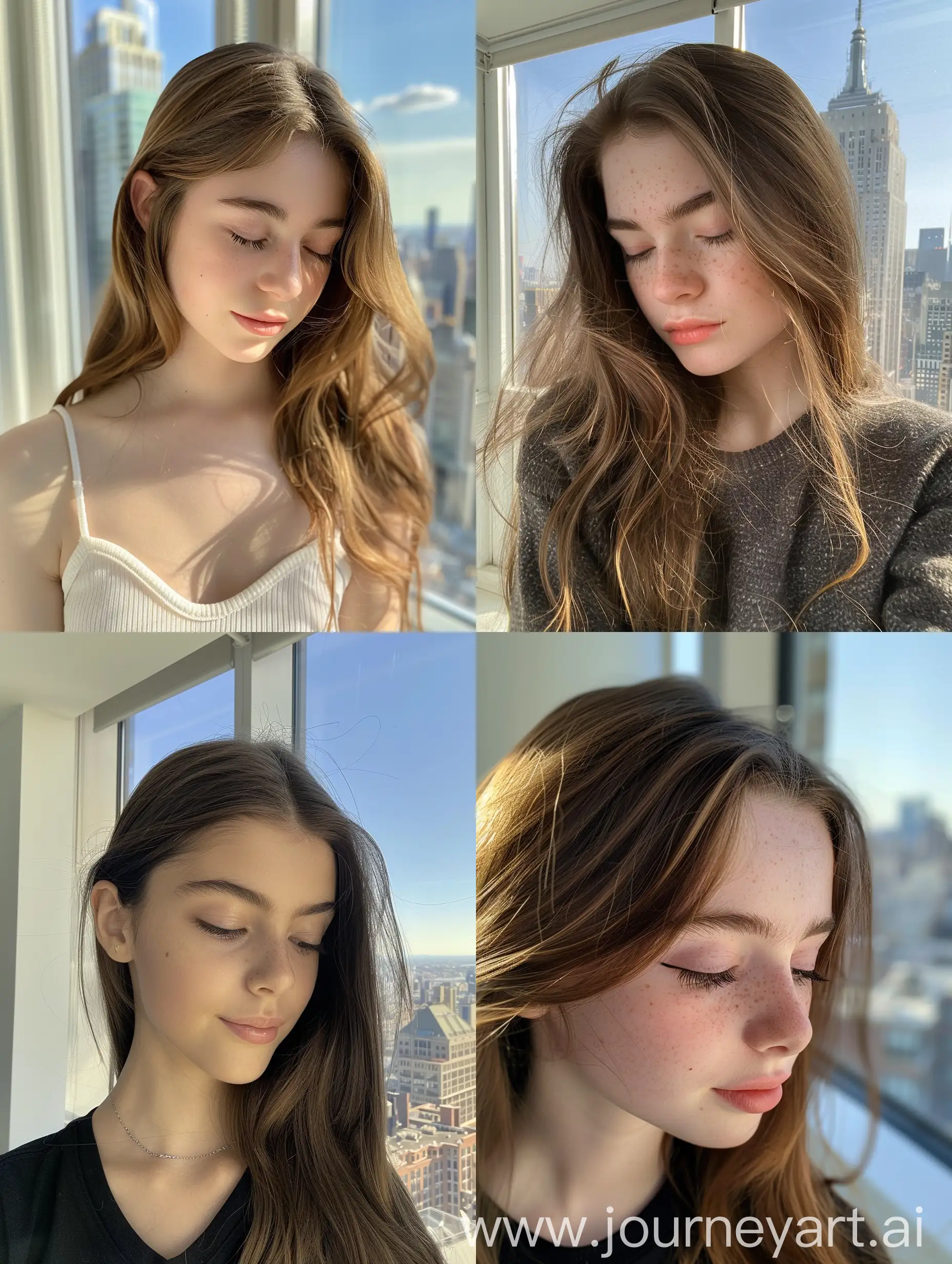 Aesthetic instagram selfie of a teenage girl influencer, 16 years old, looking down, super model face, chiseled cheekbones, in NYC penthouse, slight smile