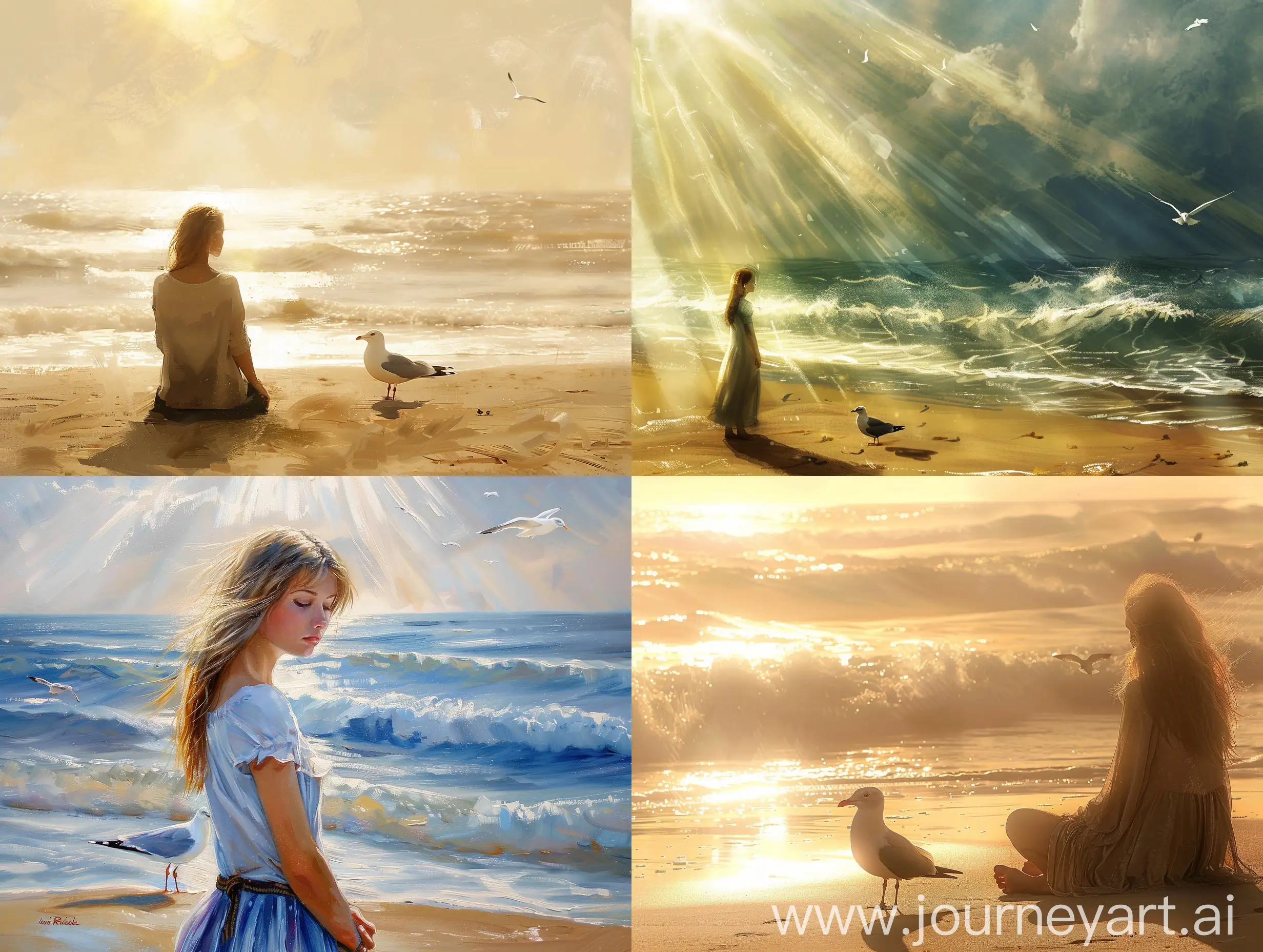 Serene-Beach-Girl-Contemplating-Seagulls-in-Sunlight