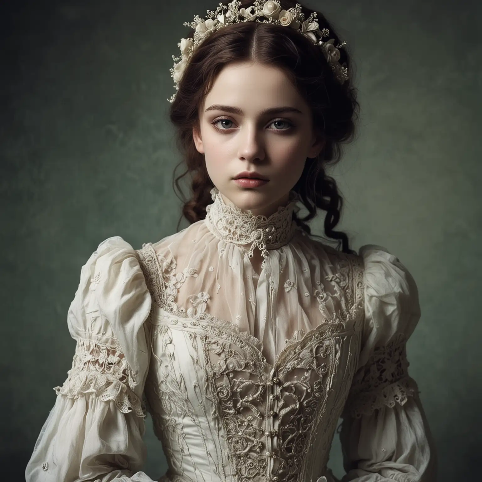 use this image as inspiration for Lydia, who is an ethereal character that Im writing a story about. her character has a haunting beauty and strength. generate images of what lydia looks like and the victorian inpired garments she wears