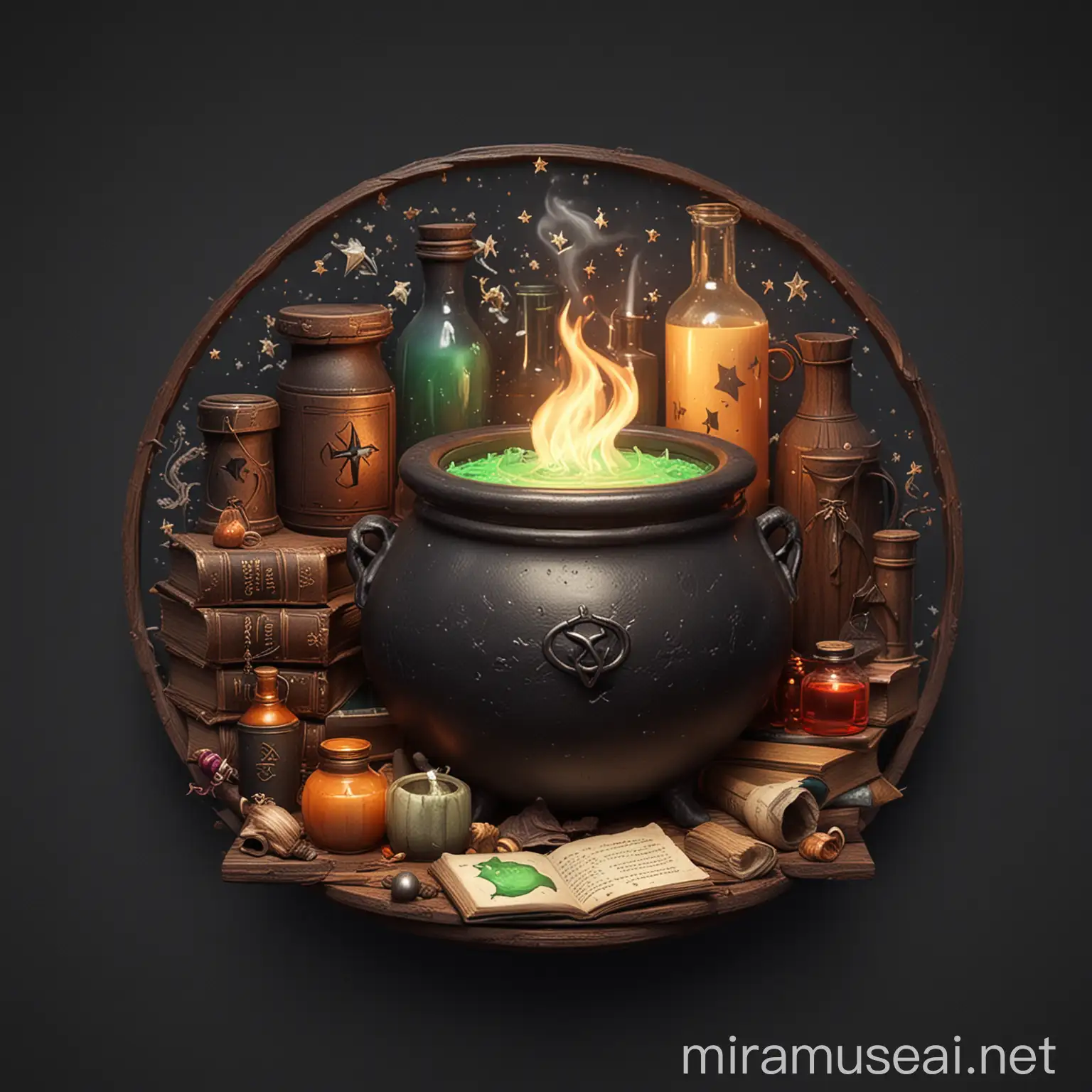 a 1:1 icon for a witch, potions, books, cauldron