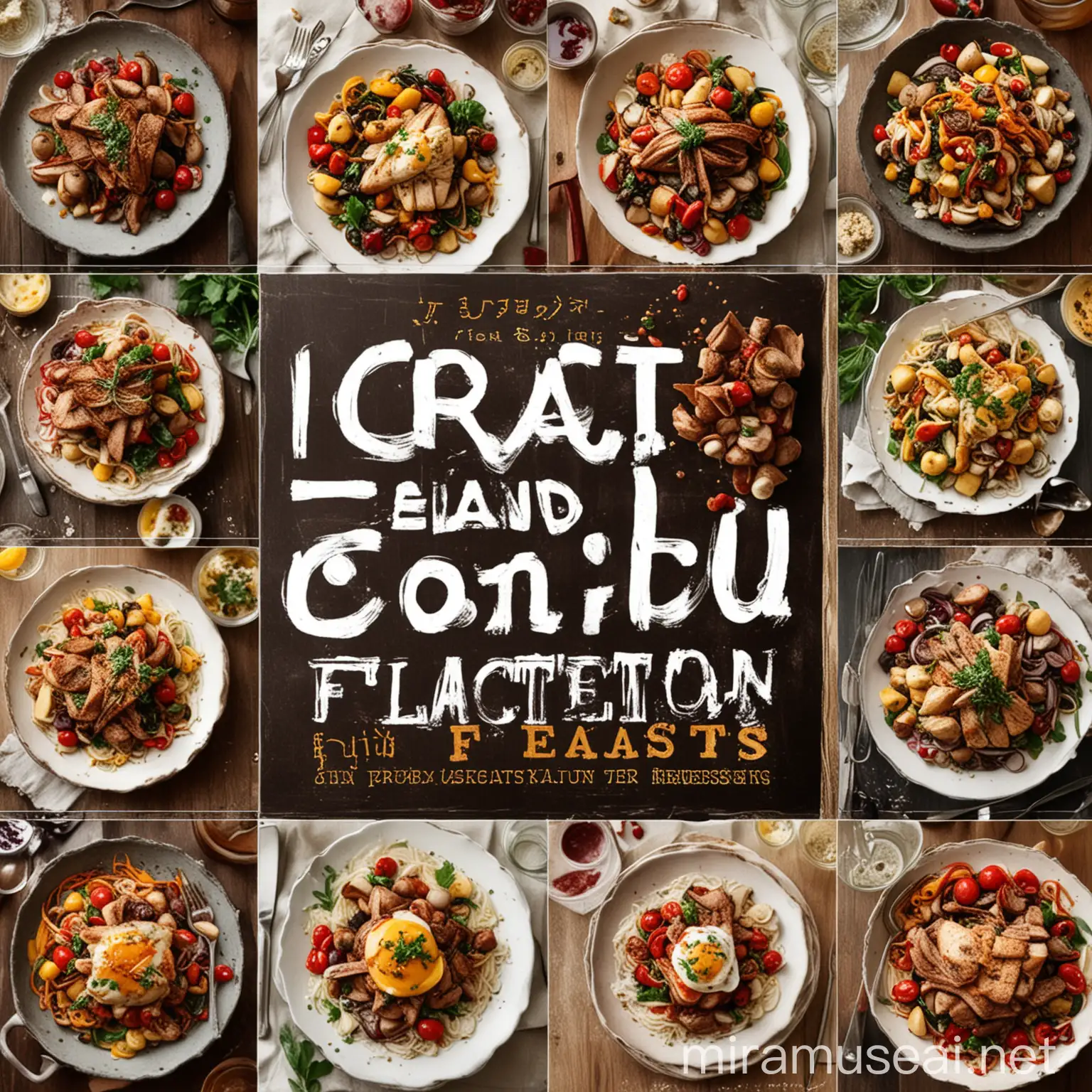 Create an image with the caption “Flavorful Feasts” and add professional cooking photos