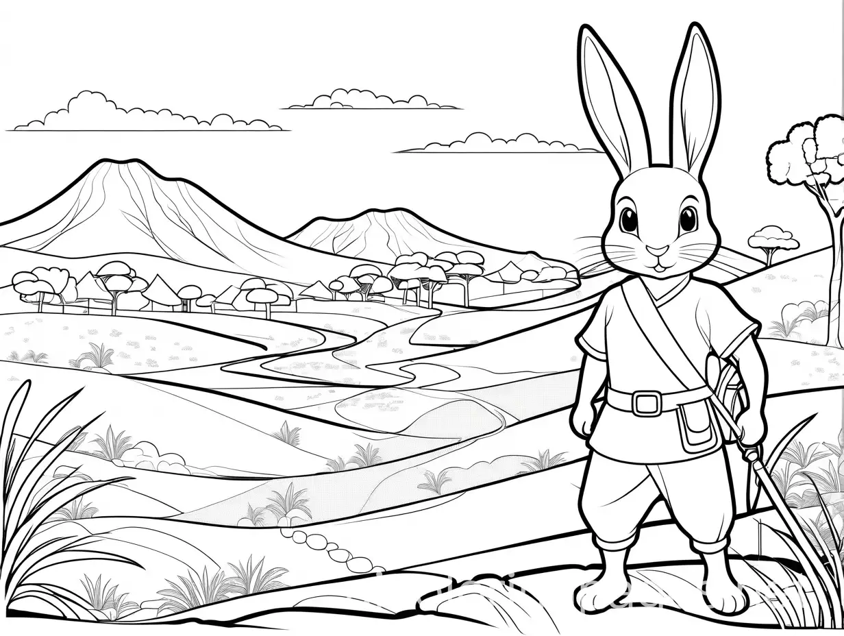 Brave rabit in Africa, coloring book, rabit is human look like person
, Coloring Page, black and white, line art, white background, Simplicity, Ample White Space. The background of the coloring page is plain white to make it easy for young children to color within the lines. The outlines of all the subjects are easy to distinguish, making it simple for kids to color without too much difficulty