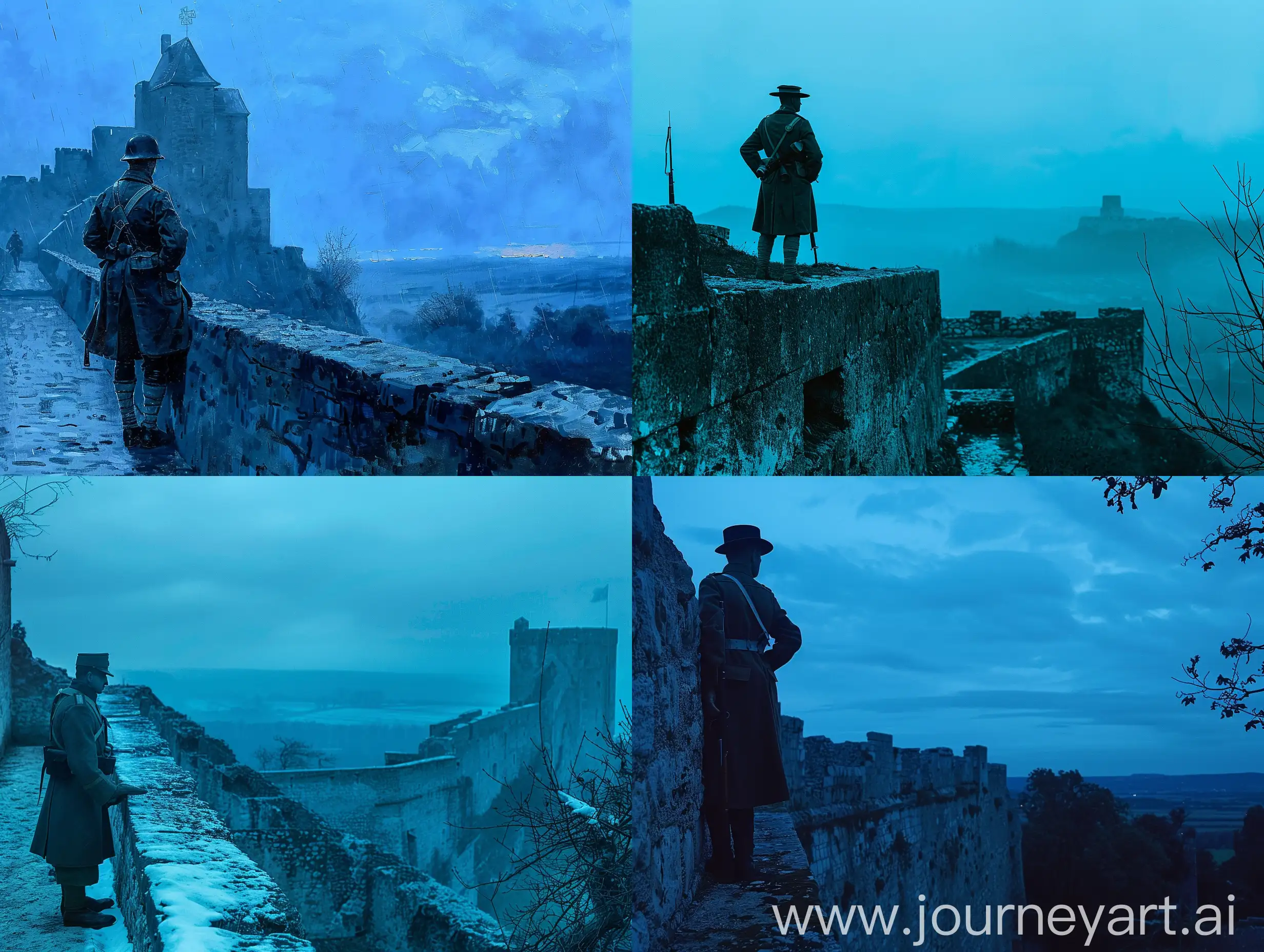 Сцена вечера со стены замка: Солдат первой мировой, стоит на стене и смотрит в даль. Подчеркивая холодные синие тона