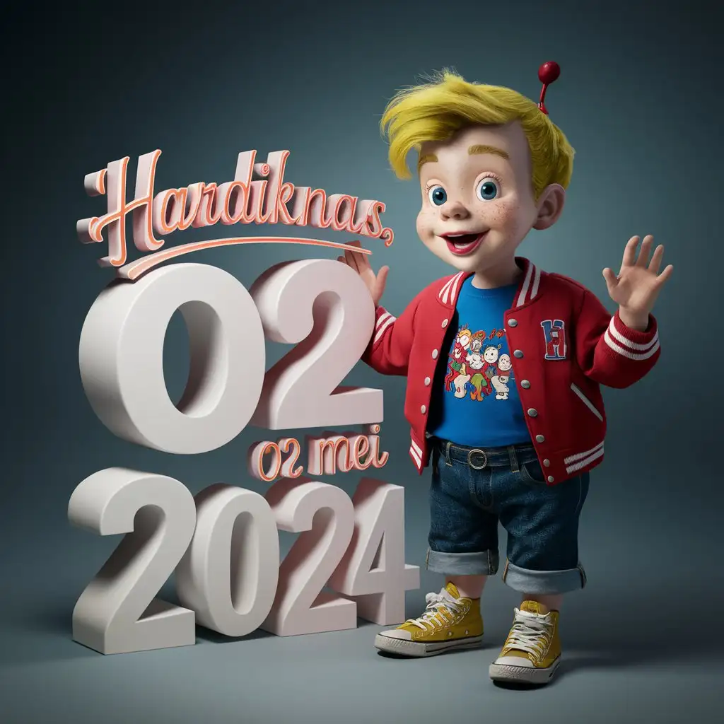A charming and lively young man with a boyish charm that mirrors his father, Pinocchio. He has a slender build and an animated demeanor, with expressive features that light up with enthusiasm and curiosity. both of them smiling at a large 3D text, which reads: "Hardiknas, 02 Mei 2024" cool colorful neon writing. The Boy’s hair is a bright sunny yellow, styled in a tousled manner that gives him a carefree and youthful appearance. His eyes are a sparkling royal blue, brimming with mischief and adventure. The Boy’s complexion is fair and freckled, adding to his youthful charm. His outfit embodies a fusion of 2020s boy next door, dollcore, kidcore, and vintage Americana aesthetics, reflecting his playful and adventurous nature. He wears a bright red baseball jacket with white stripes on the sleeves, reminiscent of vintage Americana style and adding a pop of color to his ensemble. Underneath the jacket, he wears a royal blue t-shirt adorned with a playful print of cartoon characters, adding to the whimsy of his look. Leo's jeans are a classic denim style in a medium wash, cuffed at the ankles for a laid-back and casual vibe. On his feet, he wears bright yellow sneakers with white laces, adding a playful pop of color to his footwear and ensuring both style and comfort for his outdoor adventures. The Boy accessorizes with a red baseball cap worn backwards, adding to his sporty and carefree look. In his hand, he carries a vintage wooden toy carved in the likeness of his father, Pinocchio, a reminder of his heritage and the adventures that lie ahead. The Boy’s makeup is natural and understated, with a hint of bronzer to accentuate his features and a swipe of lip balm for a touch of color. Overall, The Boy exudes an aura of youthful energy and optimism, blending elements of tradition, nostalgia, and modern style in his captivating fashion choices.
