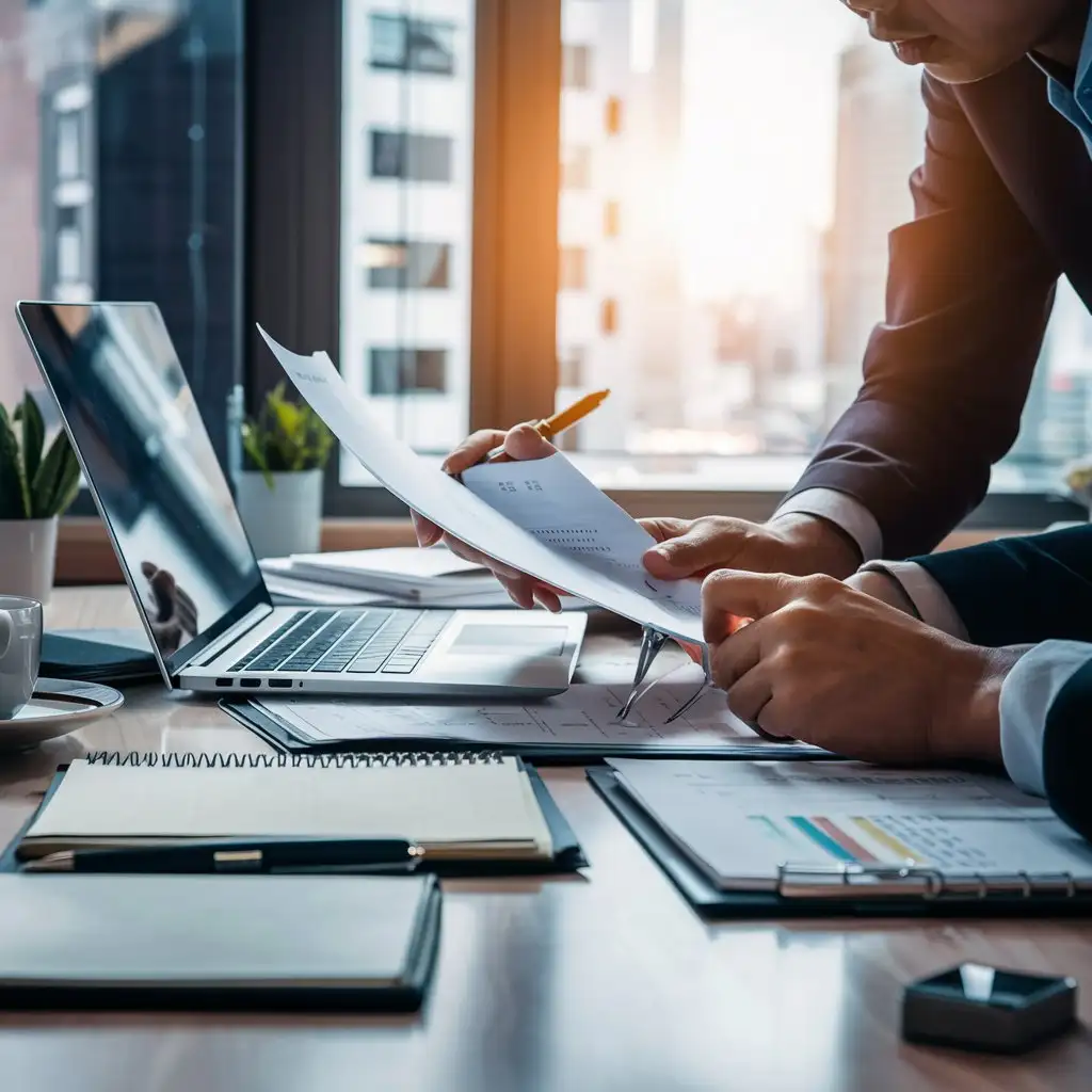 Une Photo de Bureau avec des Documents Financiers : Une image montrant une personne examinant des documents financiers ou travaillant avec un ordinateur peut évoquer la planification financière et la consultation professionnelle.