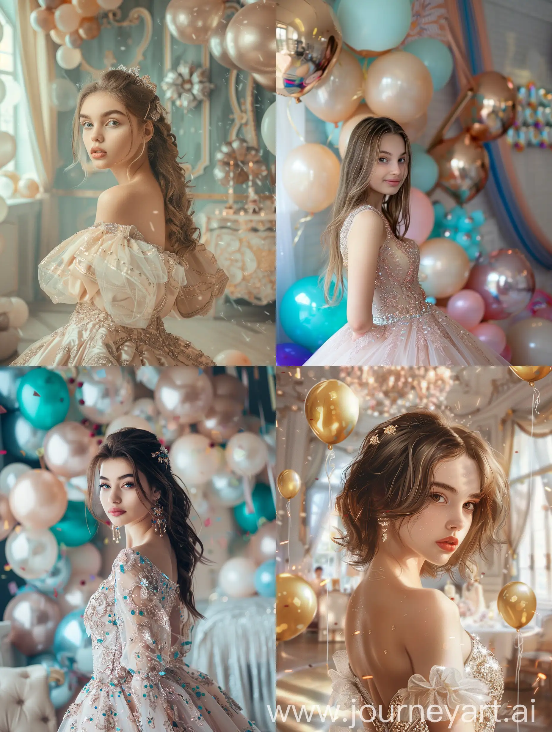 A girl with beautiful hair in a beautiful expensive dress on the background of a room with balloons decorated on her birthday