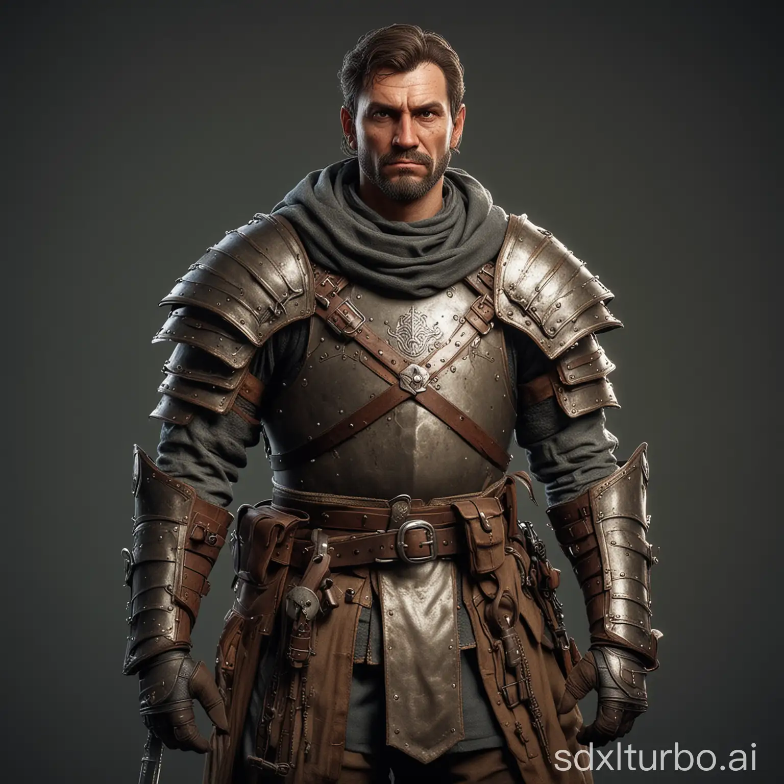 a 40 years old medieval sly headhunter in classy light armor