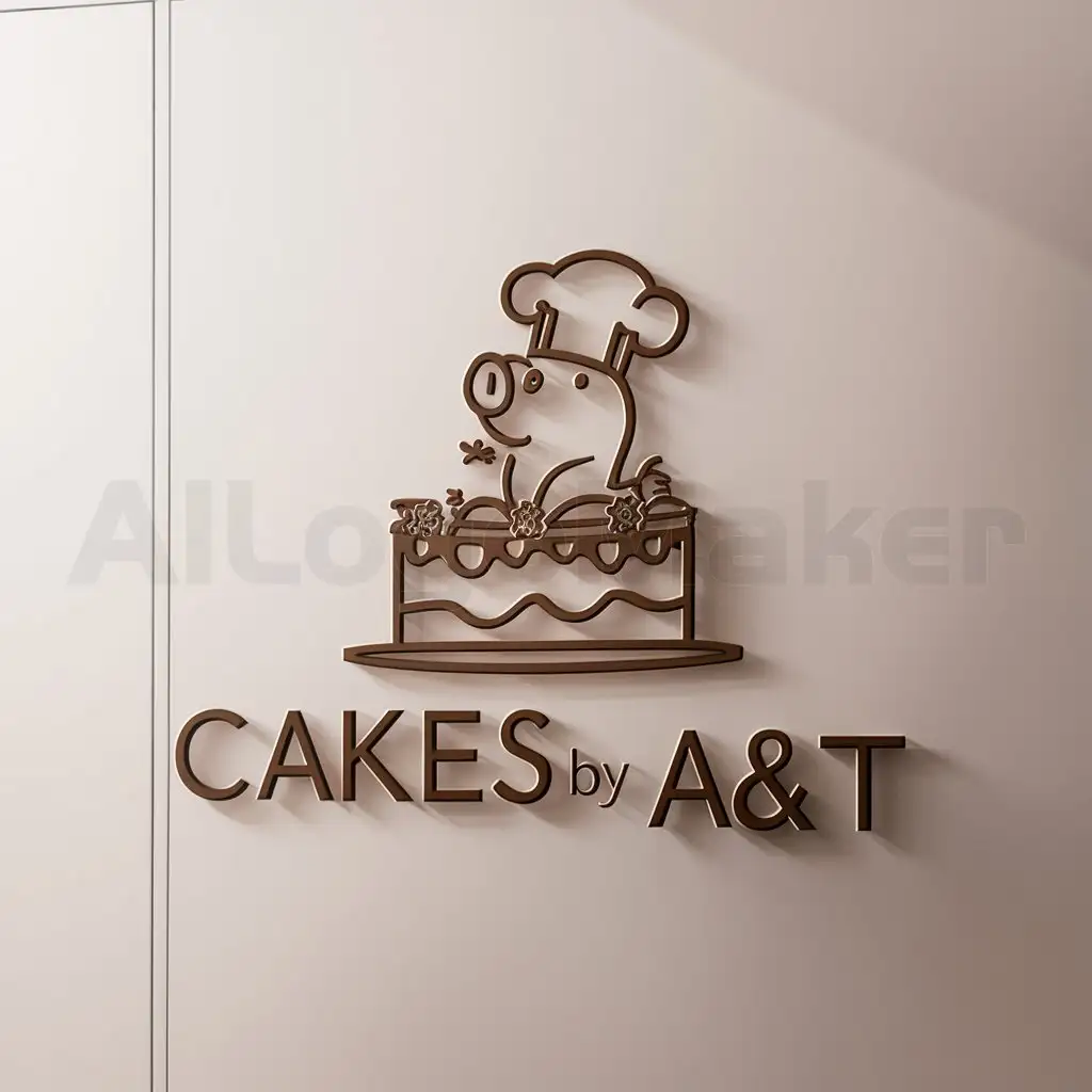 a logo design,with the text "Cakes by A&T", main symbol:Pig and Cake and light brown theme and minimal,Moderate,be used in Restaurant industry,clear background