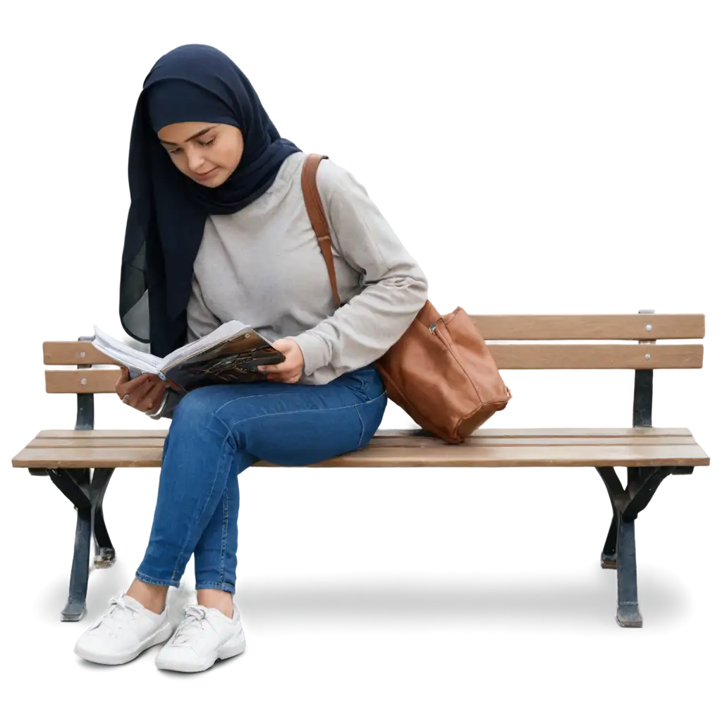moslem girl reading comic on a bench in a park