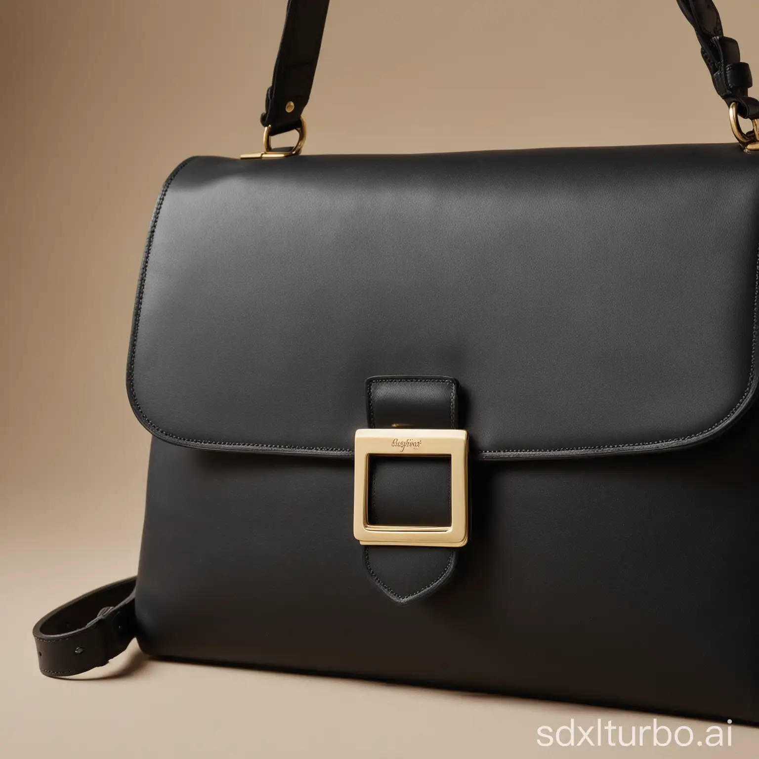 A close-up of a black leather handbag. The bag is made of a soft, supple leather and has a classic design with a flap closure and a gold-tone metal buckle. The bag is resting on a neutral background, such as a white or gray surface.