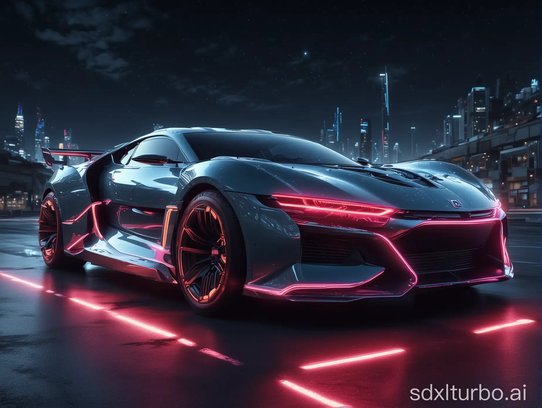 trainées de lumières neon fluo de nuit derrière une voiture au design futuriste, 8k, hyper détaillé, hyper réaliste