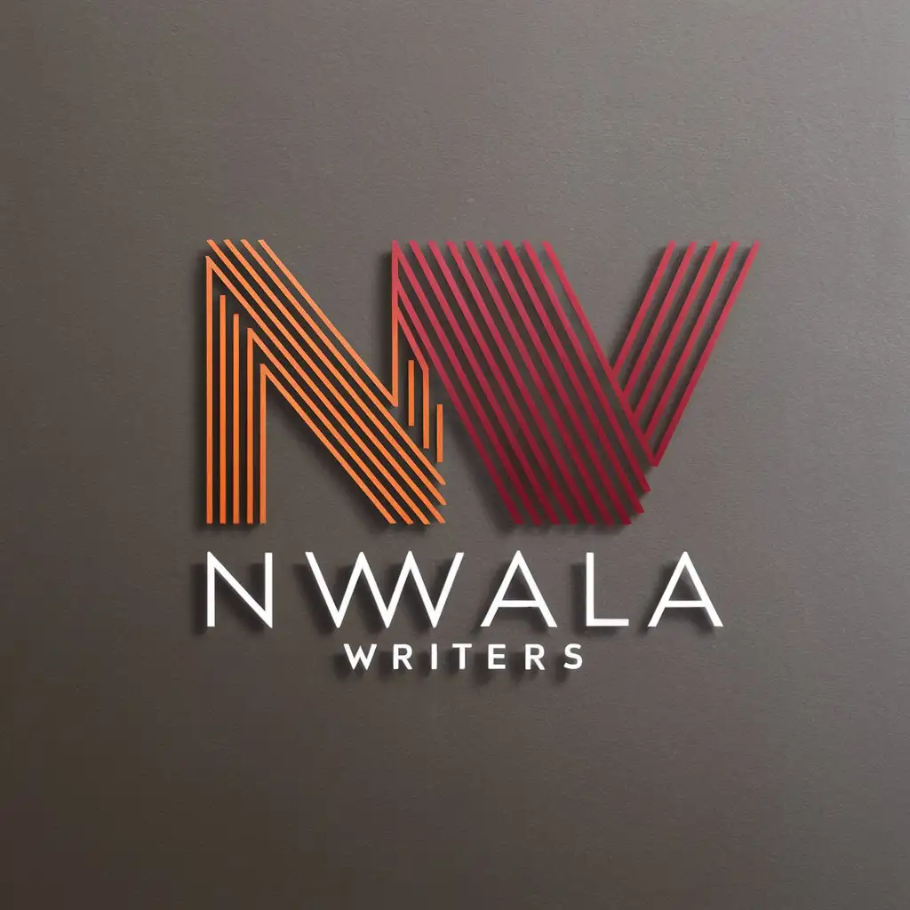 minimalistic flat illustration, A contemporary logo design with a large 'N W' as the focal point in a Square. The 'N' is composed of multiple lines running parallel, fused with N and W.  The design uses orange, red and grey colours. subtitle 'Nwala Writers' is written in a modern, sans-serif font white background