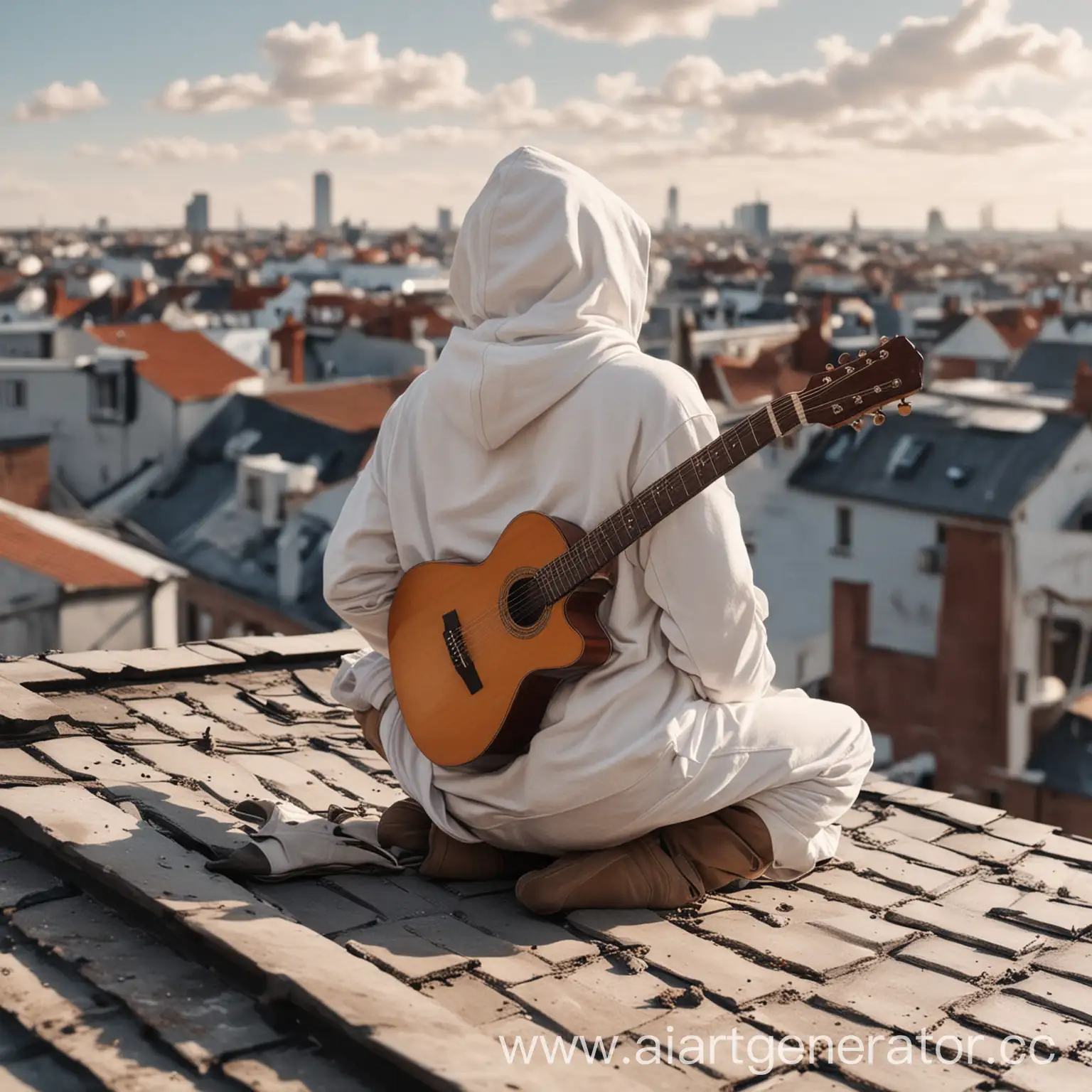Нарисуй парня в белом худи повёрнутого спиной, который сидит на крыше и играет на гитаре