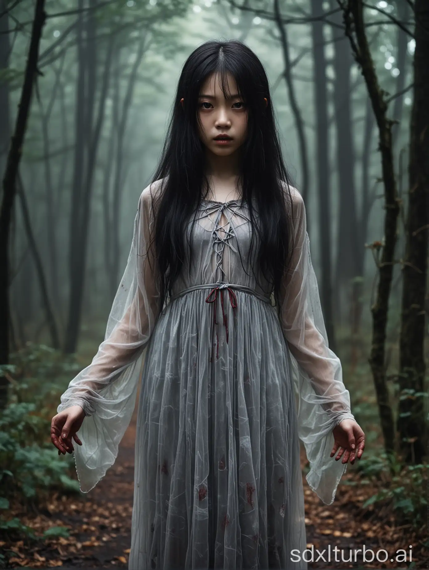 pale Japanese vampire girl wearing a sheer dress, dark fogy forest, 11-years-old, creepy stare, very long hair, bloody hands