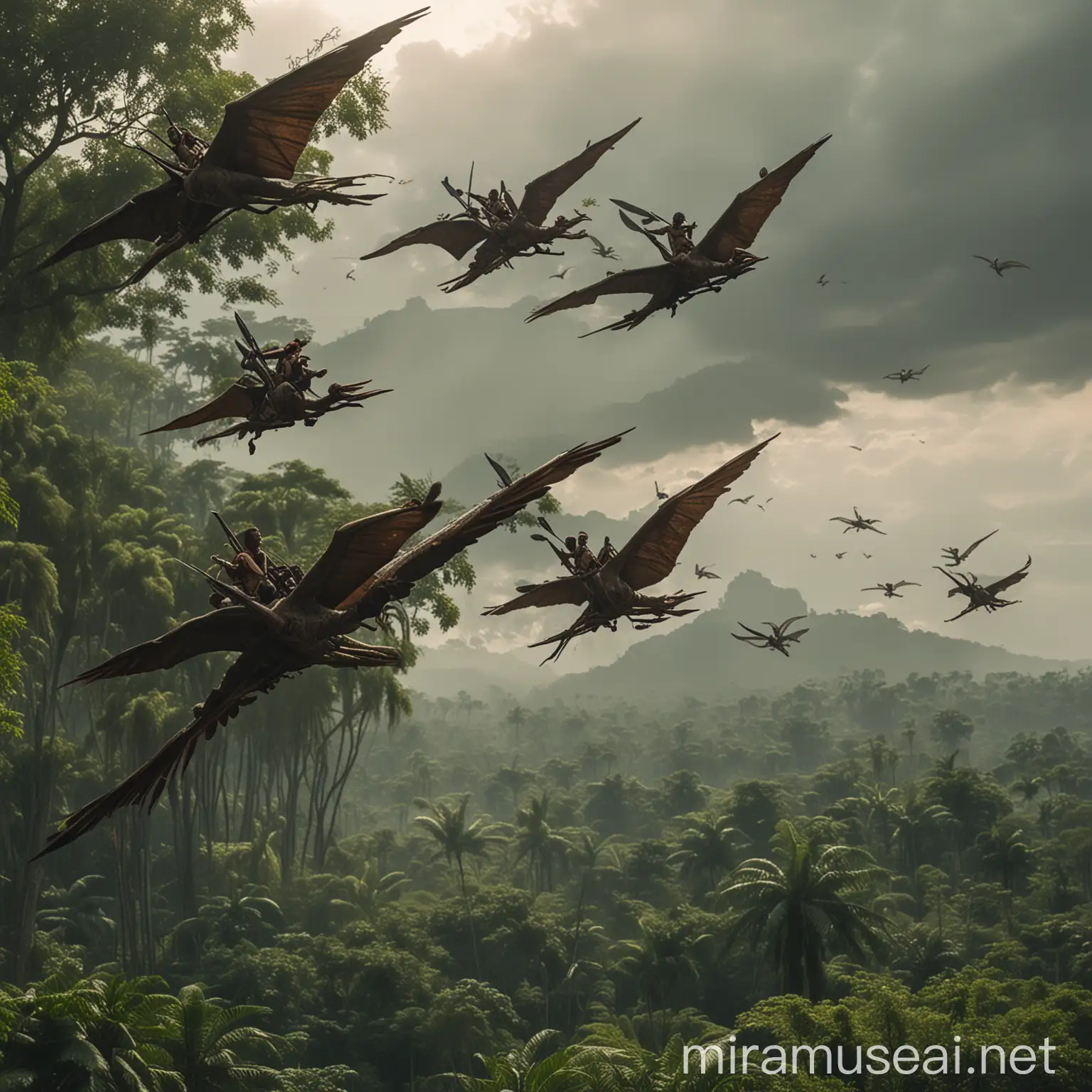 Ethiopian warriors, male and female, armed with rifles, flying on the backs of pterodactyls, soaring high over a lush, verdant jungle, under a clear sky with dynamic, cinematic lighting. The scene should be highly detailed, capturing the strength and determination of the warriors and the majestic flight of the pterodactyls.