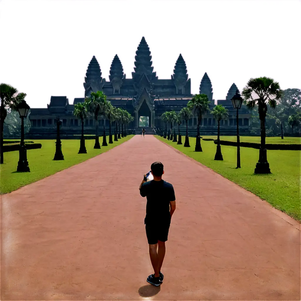 a man in front of Angkor wat 