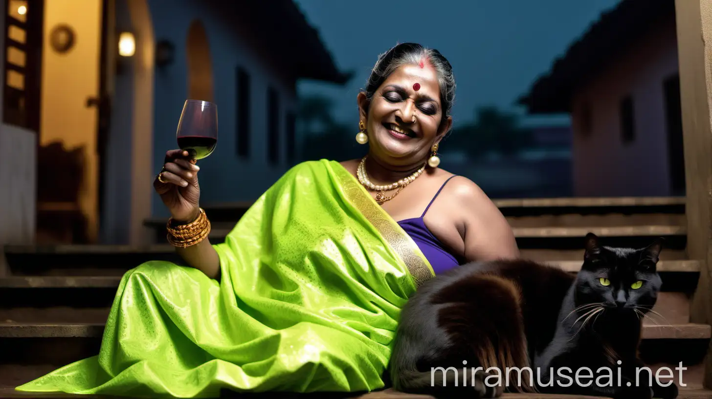 a indian mature  fat woman having big stomach age 57 years old attractive looks with make up on face ,binding her high volume hairs, open  gajra bun Hairstyle. wearing metal anklet on feet and high heels, smoking a cigar  in her hand  , smoke is coming out from cigar  . she is happy and smiling holding a wine glass. she is wearing pearl neck lace in her neck , earrings in ears, a gold spectacles with chain holder on her eyes and wearing  only a  neon green blanket on her body. she is sleeping  on wooden stairs with 22 years muscular man in a luxurious palace and enjoying the rain  ,  three black cats are siting near her  and its night time . its raining very heavy . show images from back side.
