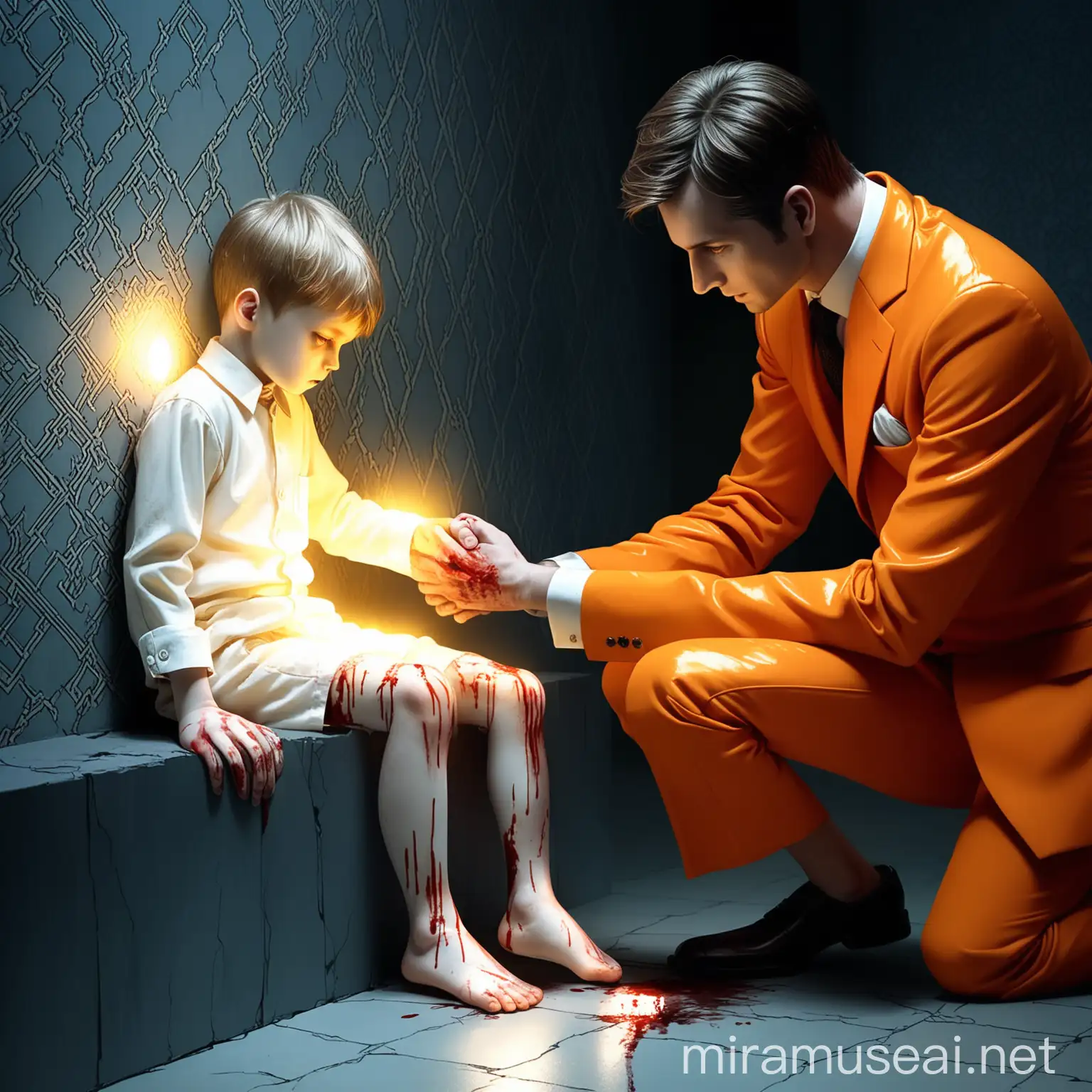 The background is a secret room with 'enochian patterns' on it.nThe eight-year-old injured his knee and is bleeding profusely.nA handsome man in his 20s in an orange suit puts his hand on the knee of an eight-year-old child.nAn intense white glow emanates from the knee.