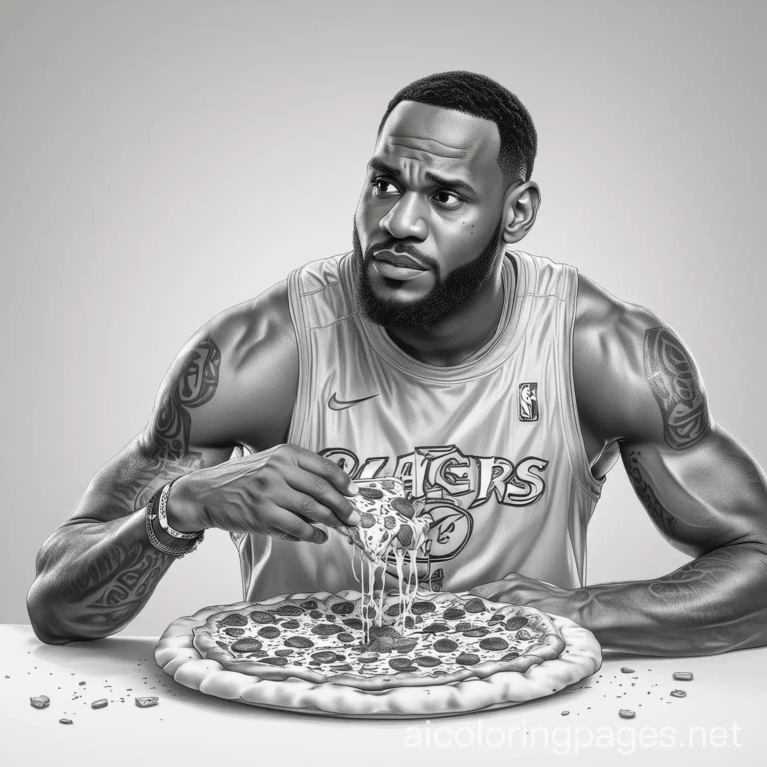 Lebron James  eating pizza with S. Curry , Coloring Page, black and white, line art, white background, Simplicity, Ample White Space. The background of the coloring page is plain white to make it easy for young children to color within the lines. The outlines of all the subjects are easy to distinguish, making it simple for kids to color without too much difficulty