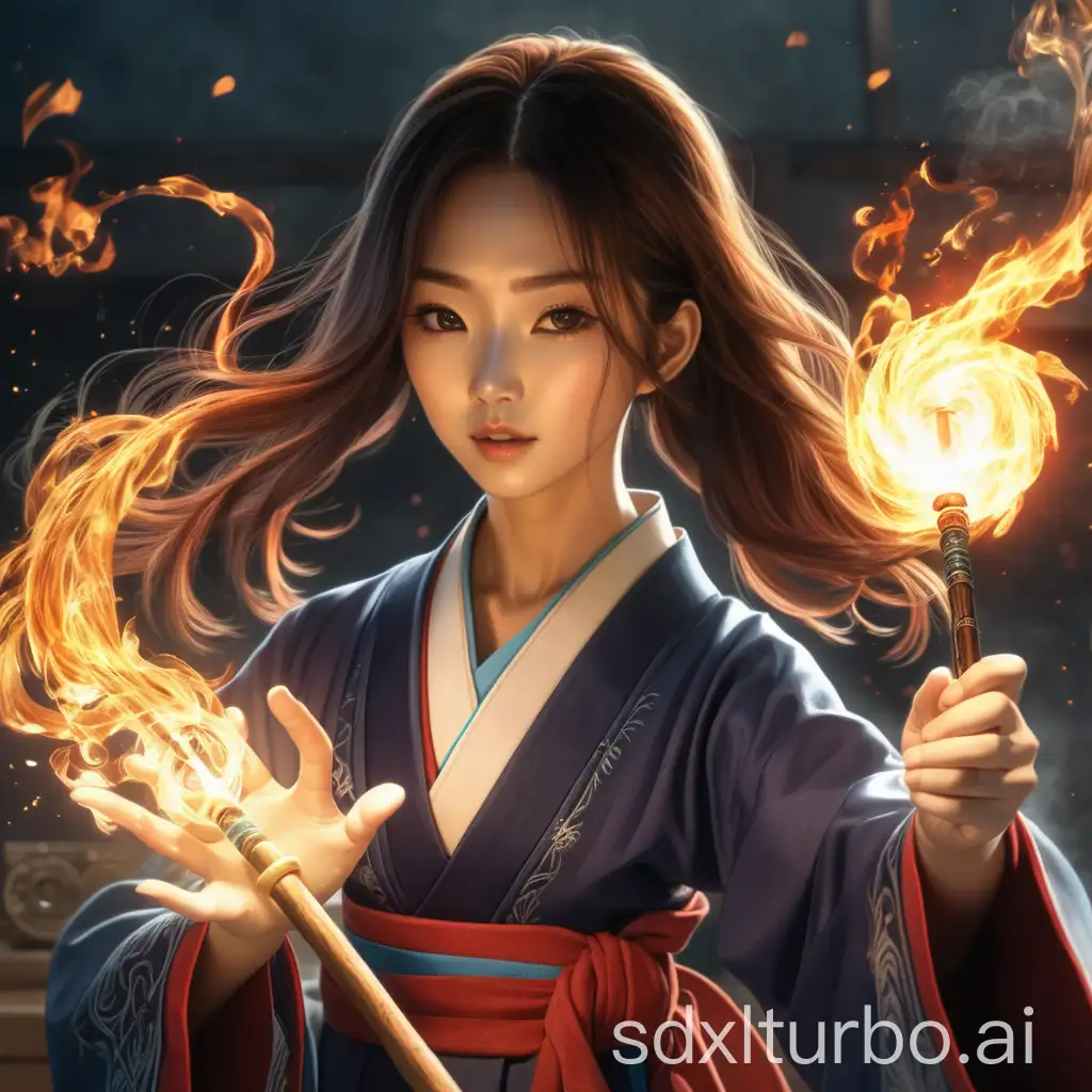 A stunning Korean woman wields her magic wand, conjuring fire spells. anime version