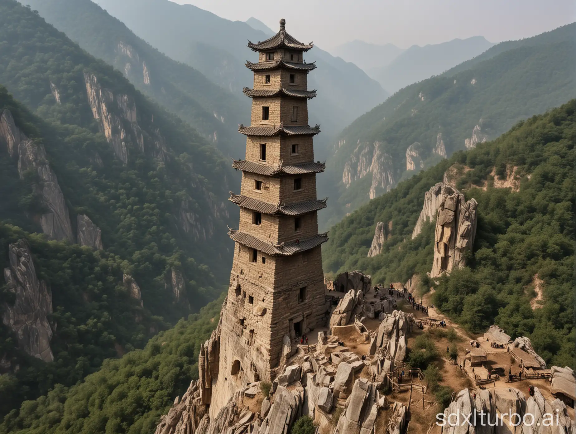 Tilted-Chinese-Ancient-Tower-Amidst-Majestic-Mountains