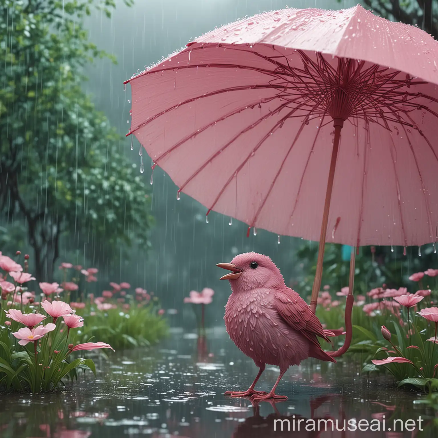 **A bird is taking shelter from the rain under a pink umbrella shaped like a flower, in the style of ethereal landscape, animated film pioneer, soft, atmospheric lighting, contemporary asian art, unreal engine 5, contemporary fairy tale, light pink and light cyan, ultra HD 4k, --ar 16:9 --v 6.0** - <