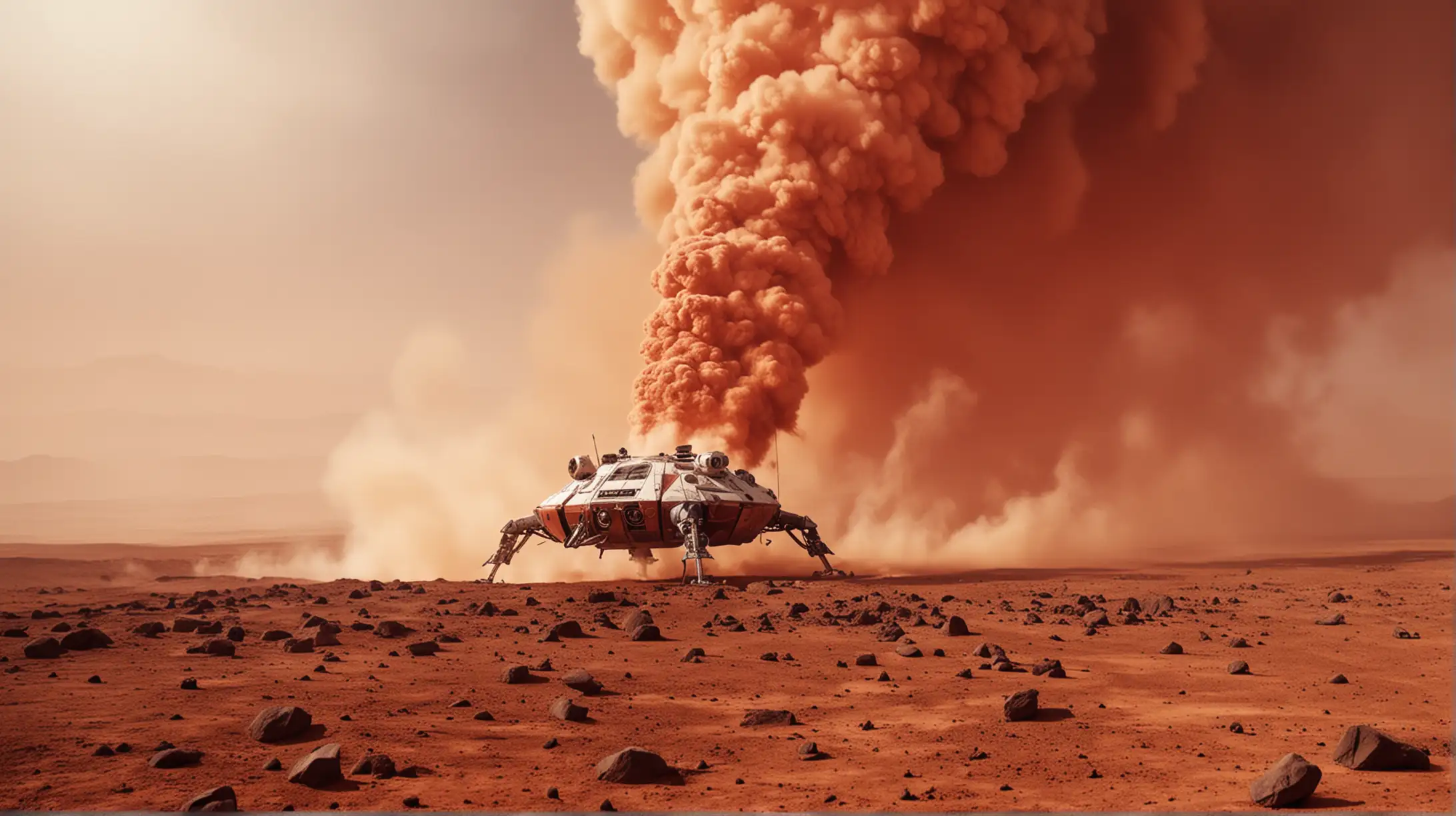 Human Spaceship Landing Disaster on Mars Smoke Red Dust Fire Steam