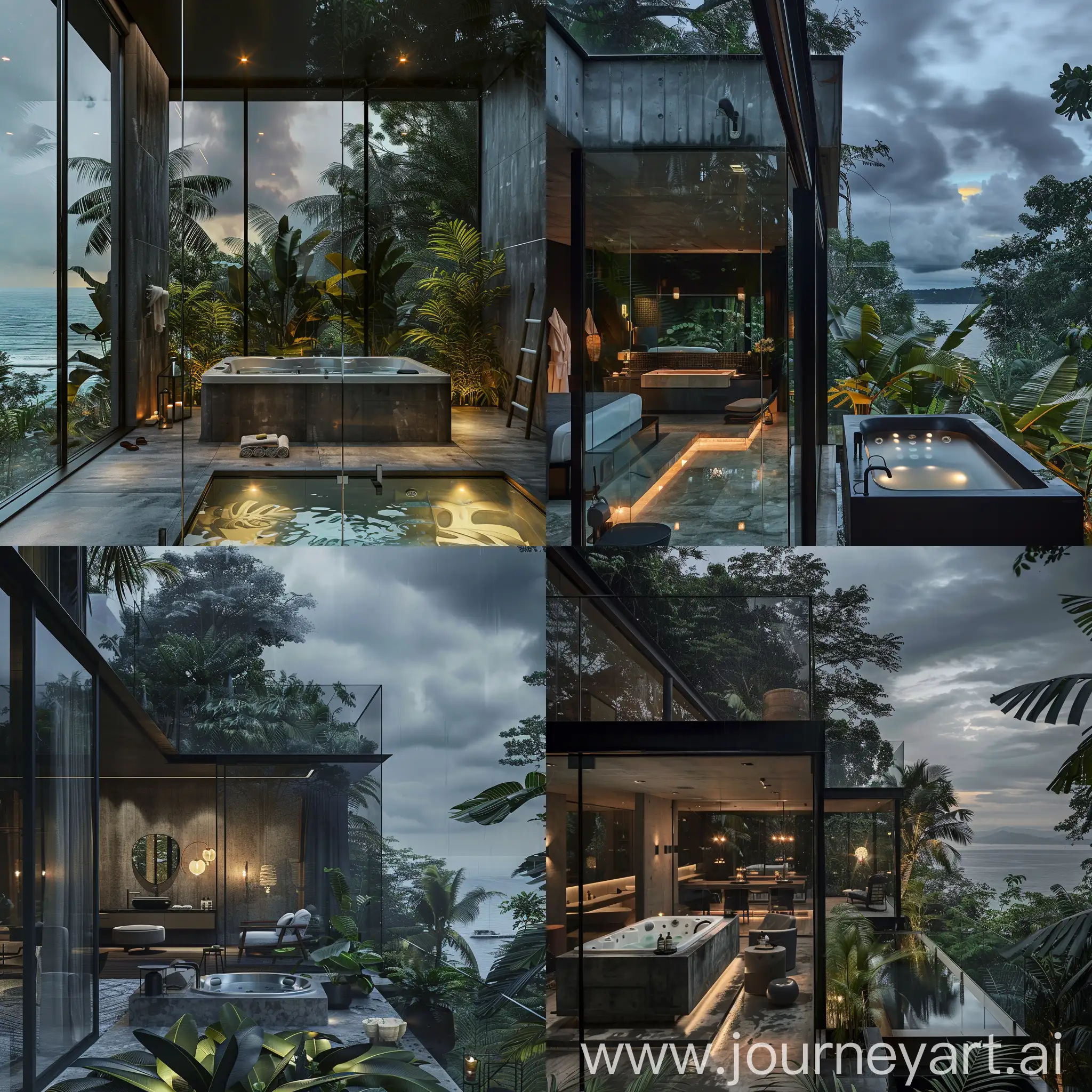 A modern glass bathroom with black, gray and concrete colors and a hot tub with a complete arrangement of furniture, decorated and soft lighting, a tall window wall, In lush tropical forest with broad leaf trees and sea, heavy cloudy sky at night, real photo.