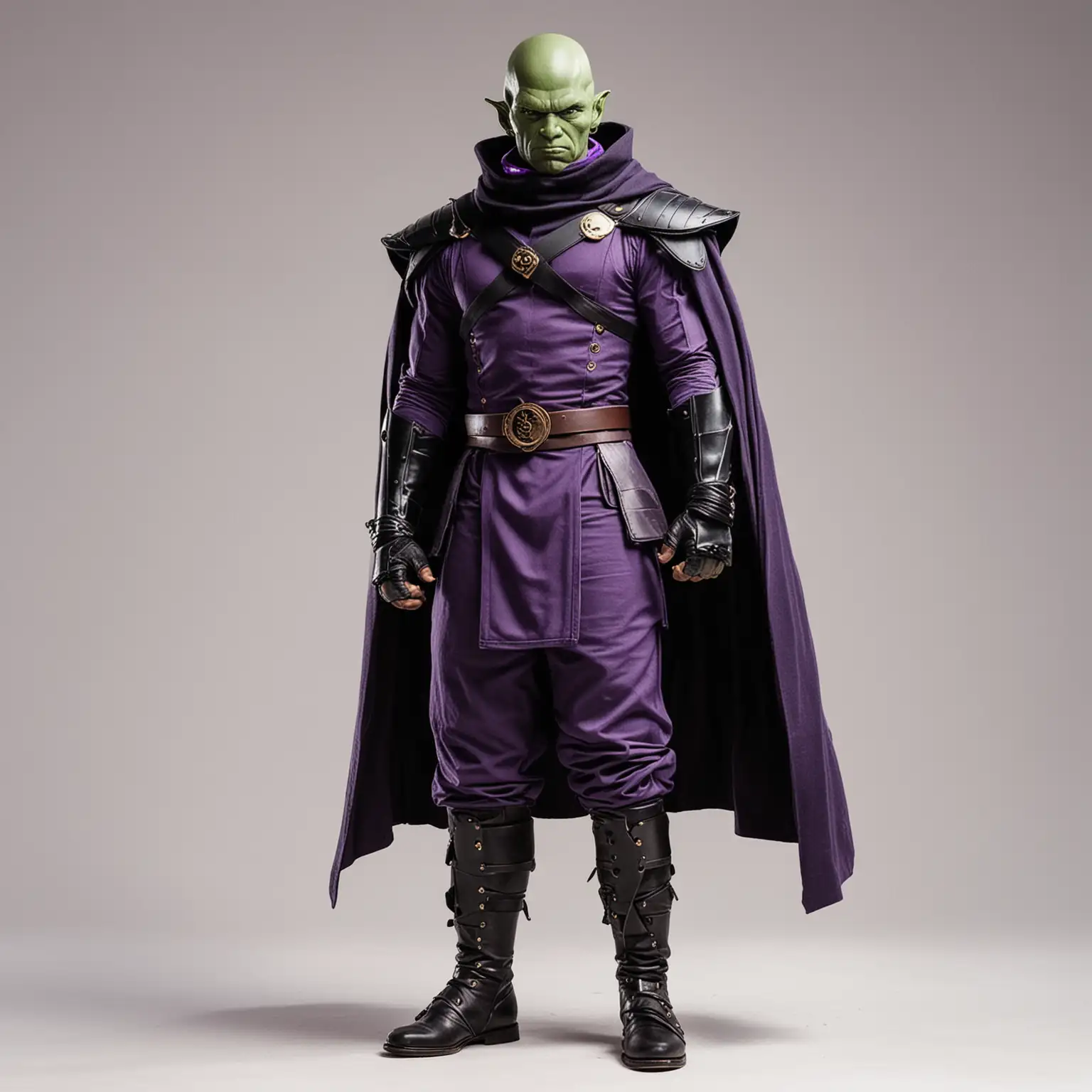 standing full body view, looking to the right, strong king piccolo, black cape, black scarf, purple turtleneck samurai armor, black boots, white background