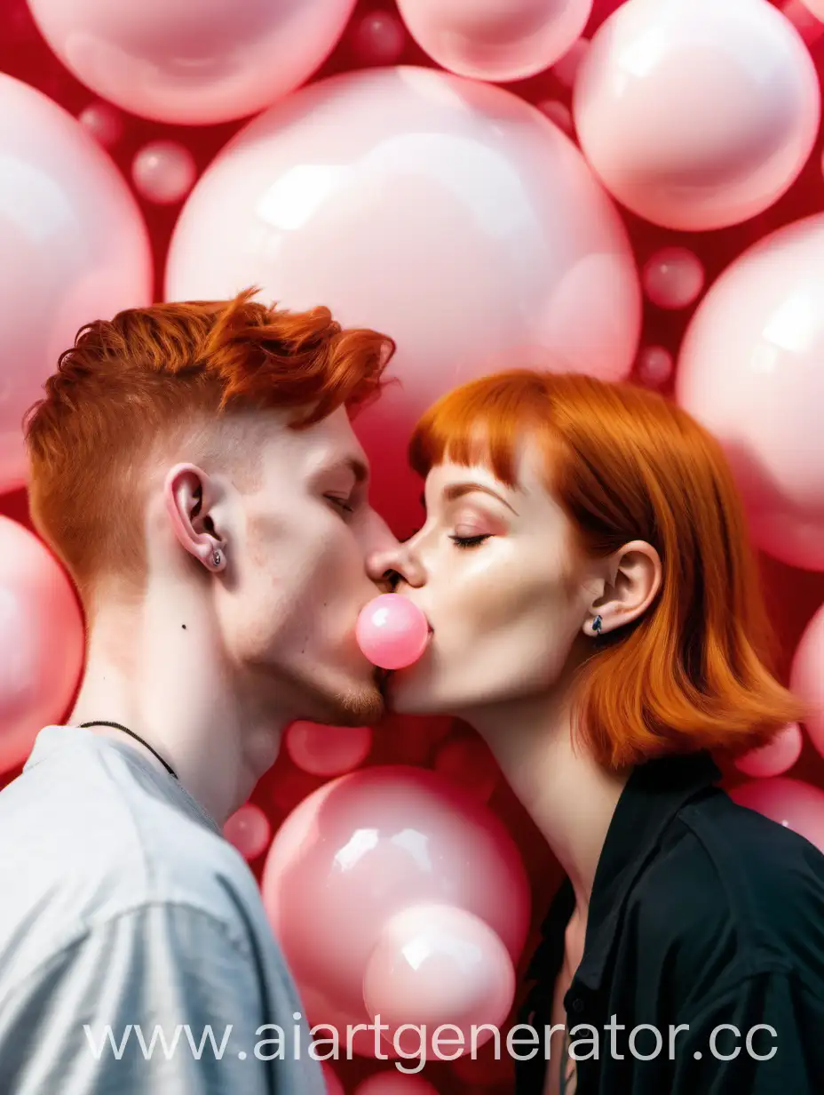 Портретное фото, рыжая девушка с длинными прямыми волосами целует парня с рыжей короткой стрижкой и татуировками; фон из огромных розовых жевательных пузырей